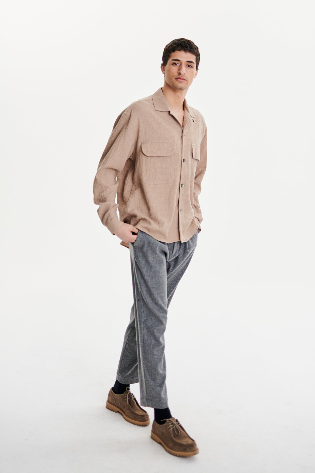 Relaxed Oversized Leisure Shirt in a Soft Cashmere and Cotton Seersucker