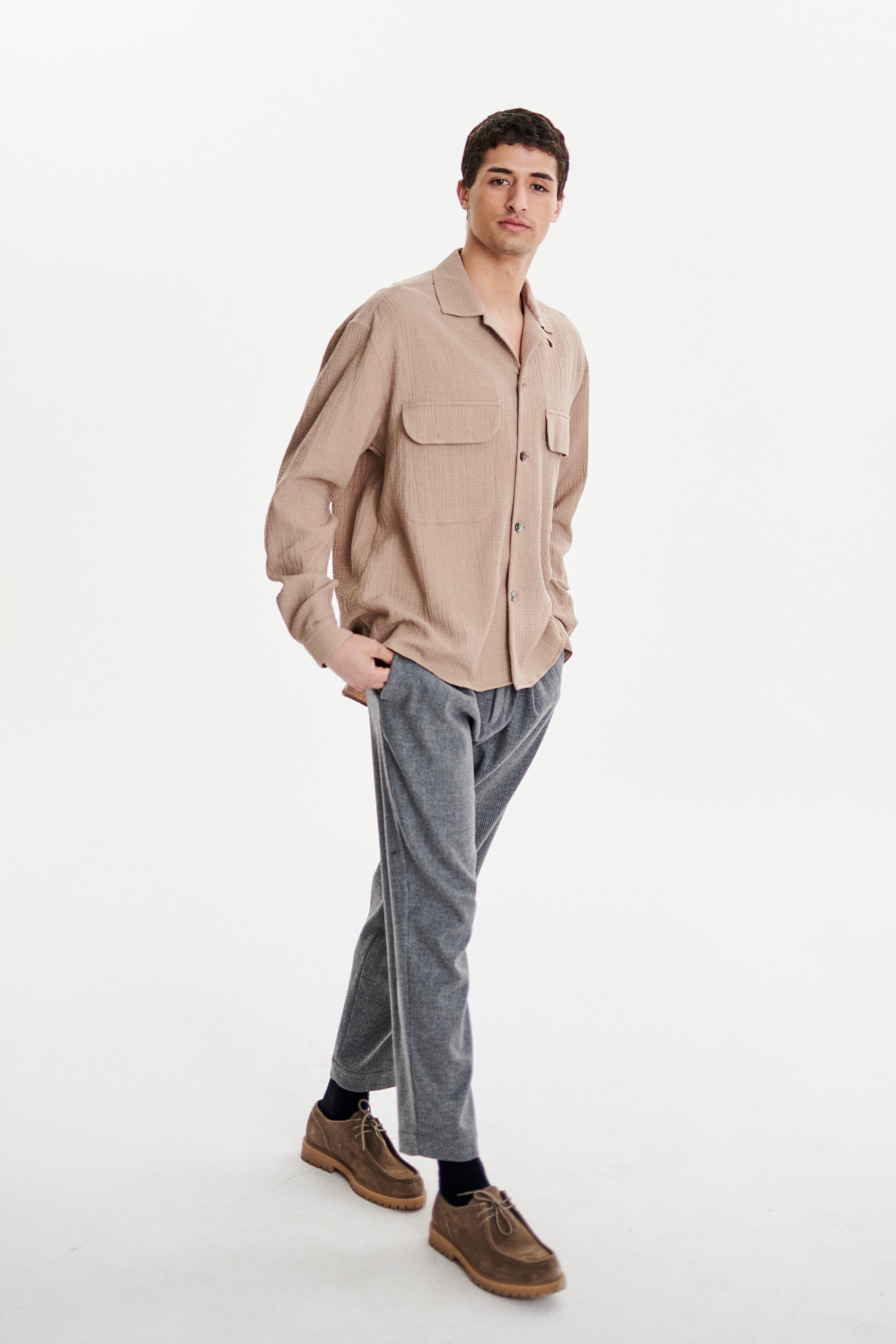 Relaxed Oversized Leisure Shirt in a Soft Cashmere and Cotton Seersucker