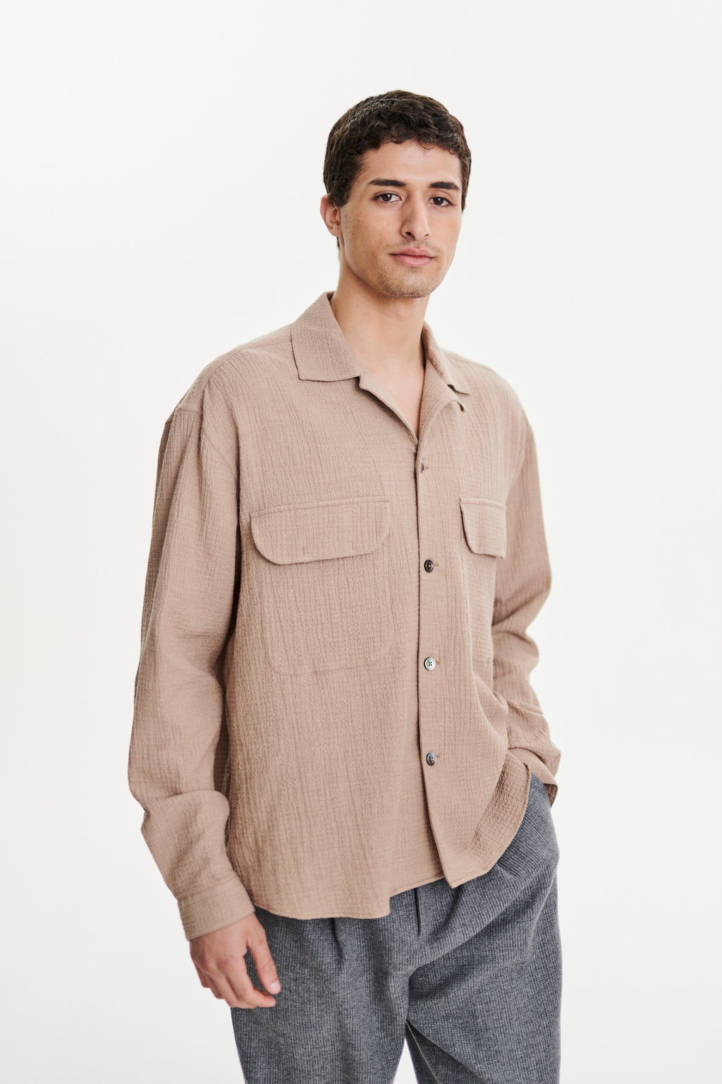 Relaxed Oversized Leisure Shirt in a Soft Cashmere and Cotton Seersucker