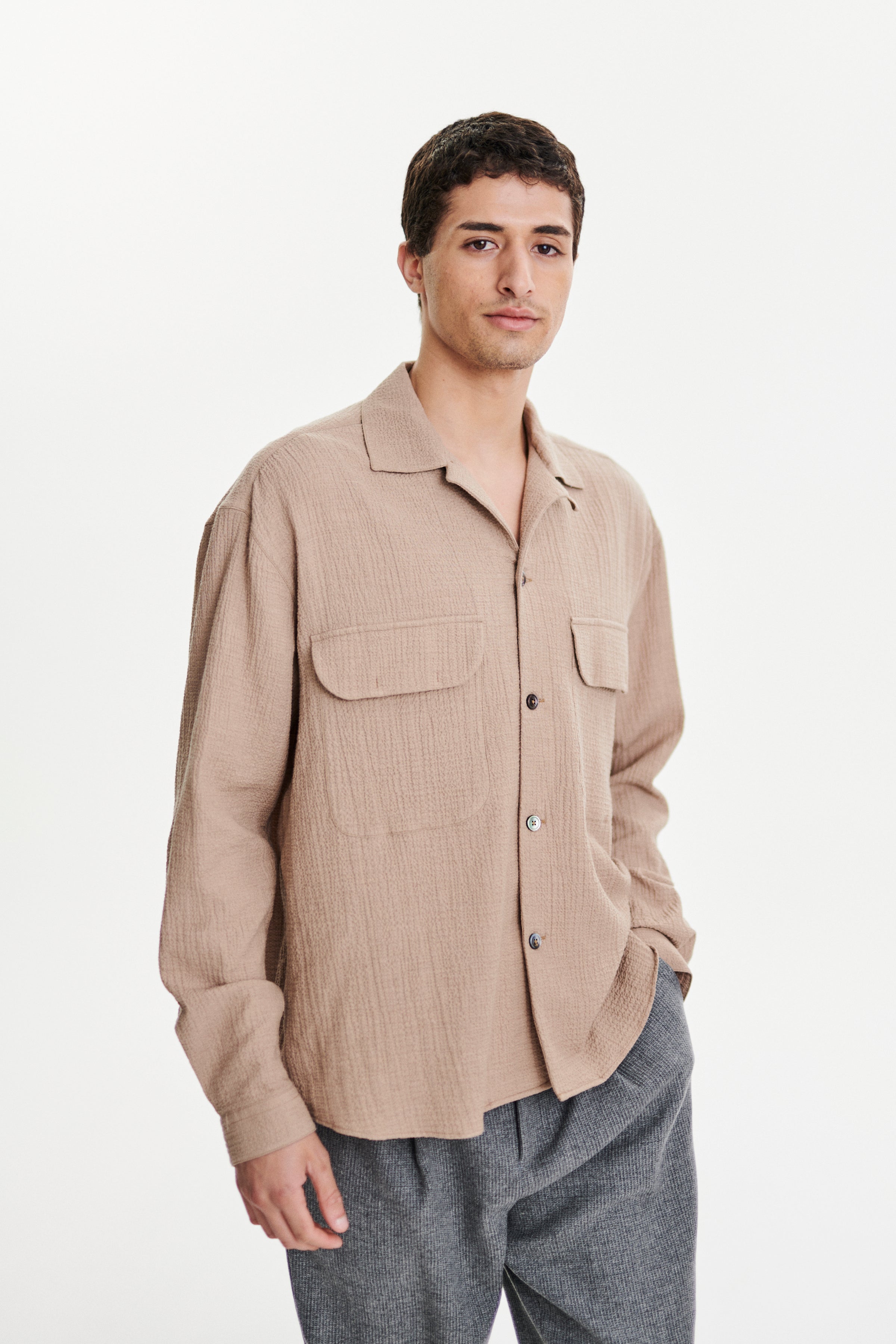 Relaxed Oversized Leisure Shirt in a Soft Cashmere and Cotton Seersucker