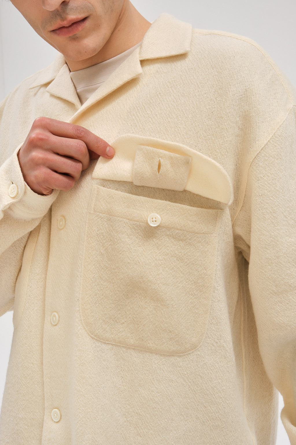 Oversized Shirt with Patched Pockets in Japanese Light Combed Wool