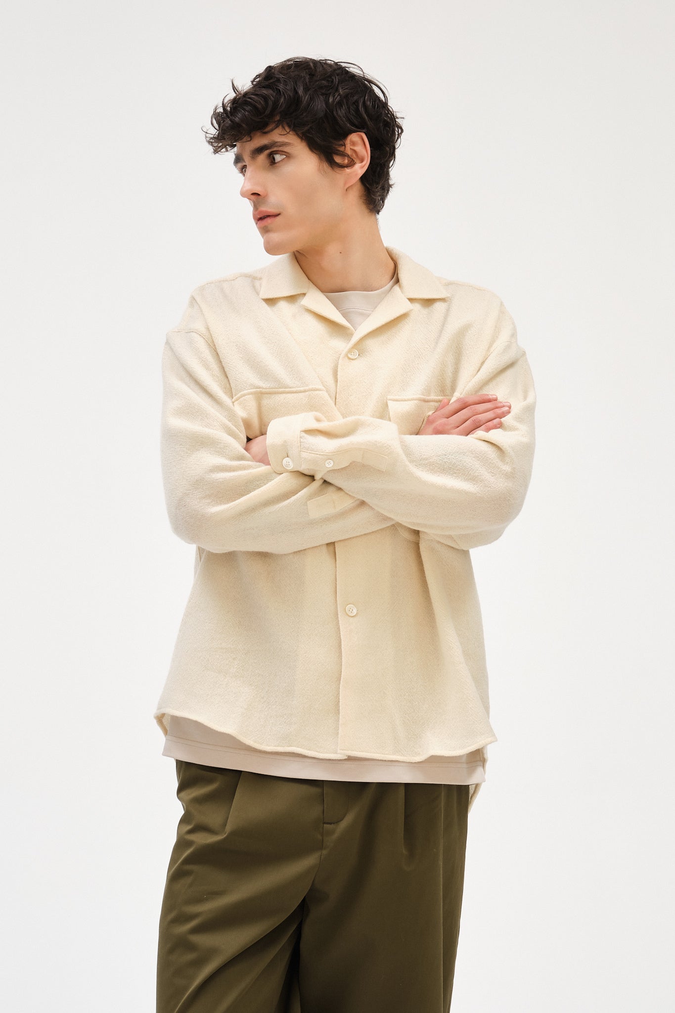 Oversized Shirt with Patched Pockets in Japanese Light Combed Wool