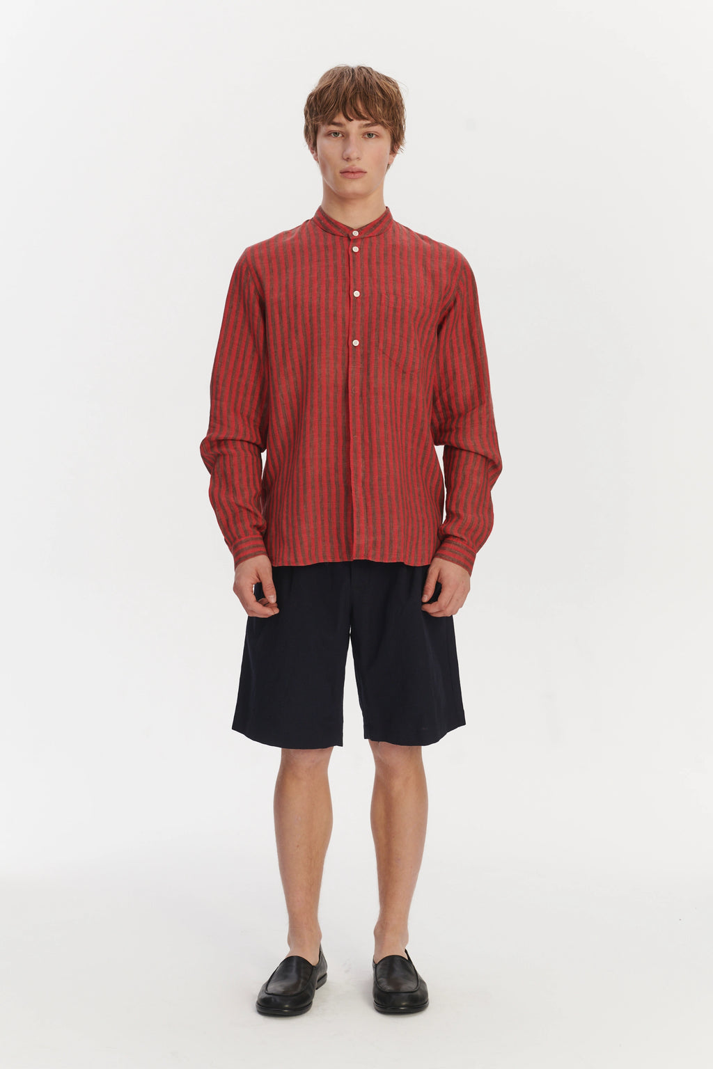 Zen Grandad Collar Shirt in a Red and Brown Striped Italian Linen