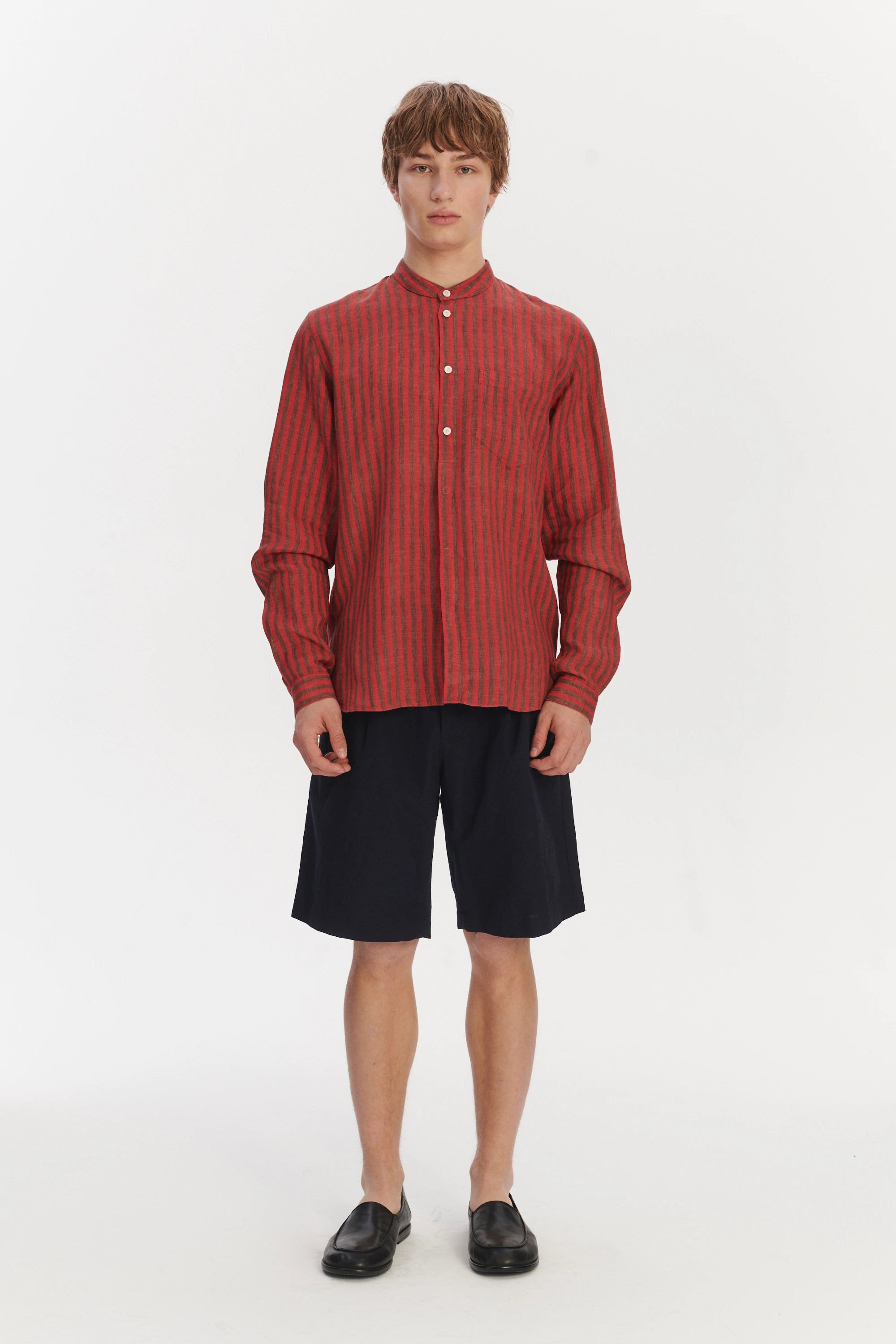 Zen Grandad Collar Shirt in a Red and Brown Striped Italian Linen
