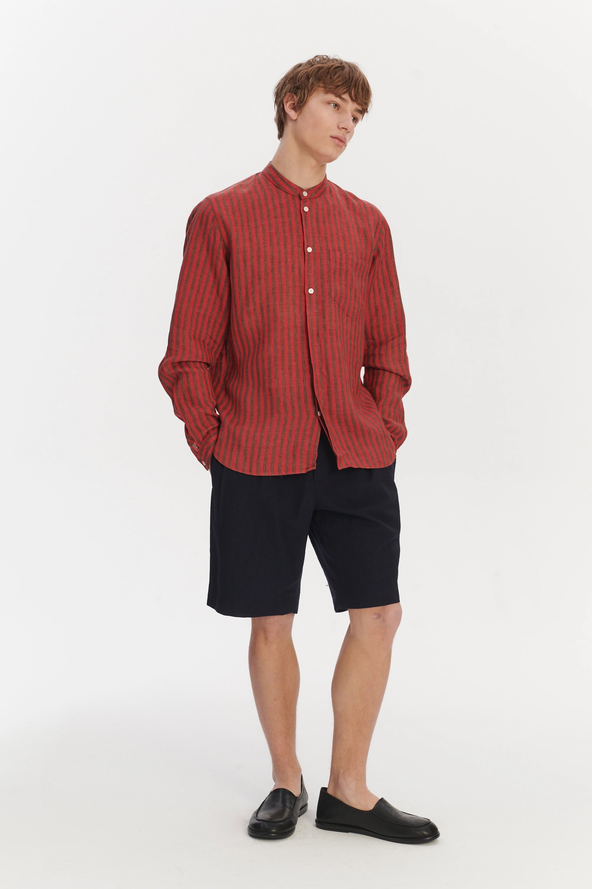 Zen Grandad Collar Shirt in a Red and Brown Striped Italian Linen