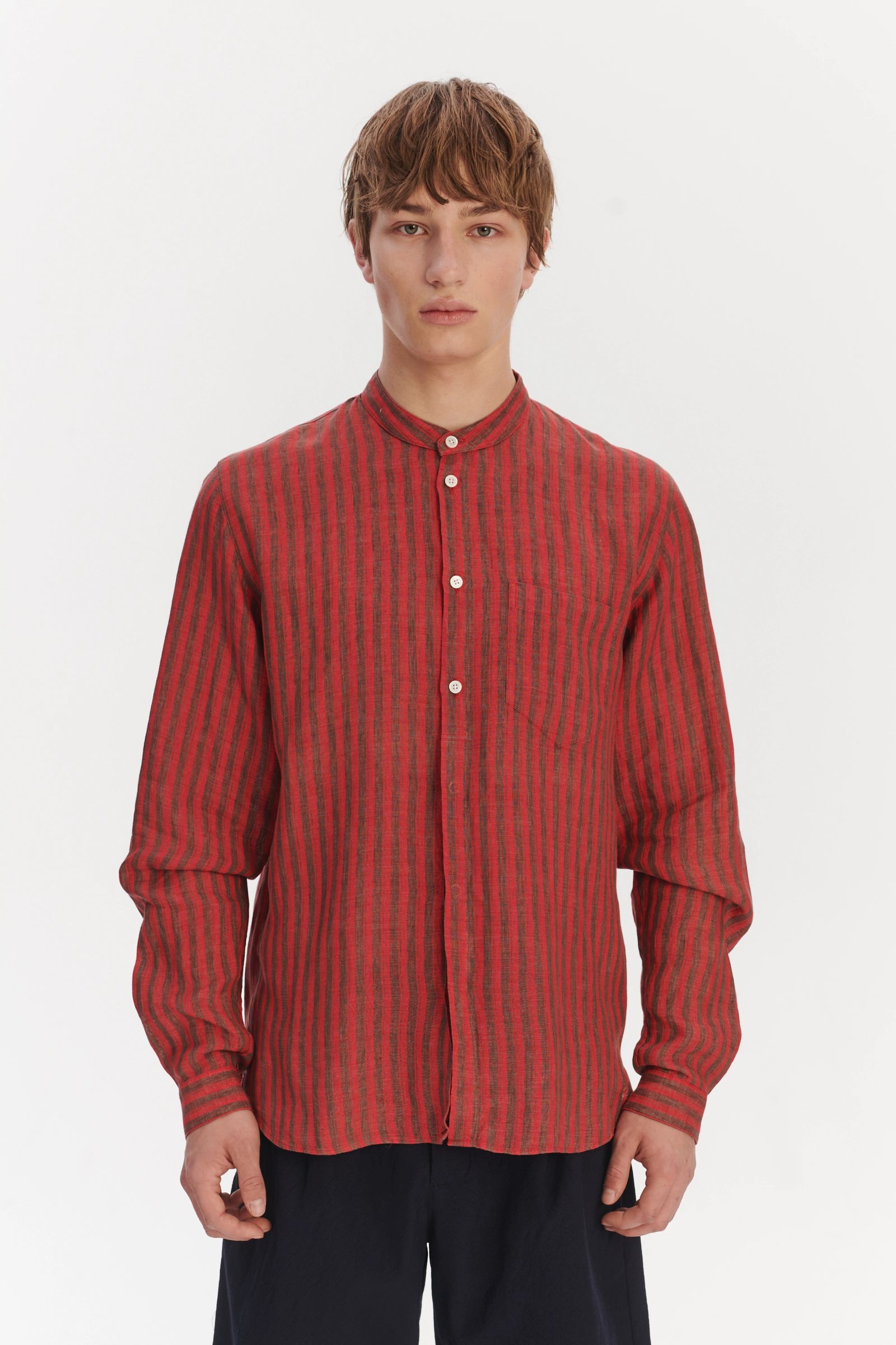 Zen Grandad Collar Shirt in a Red and Brown Striped Italian Linen