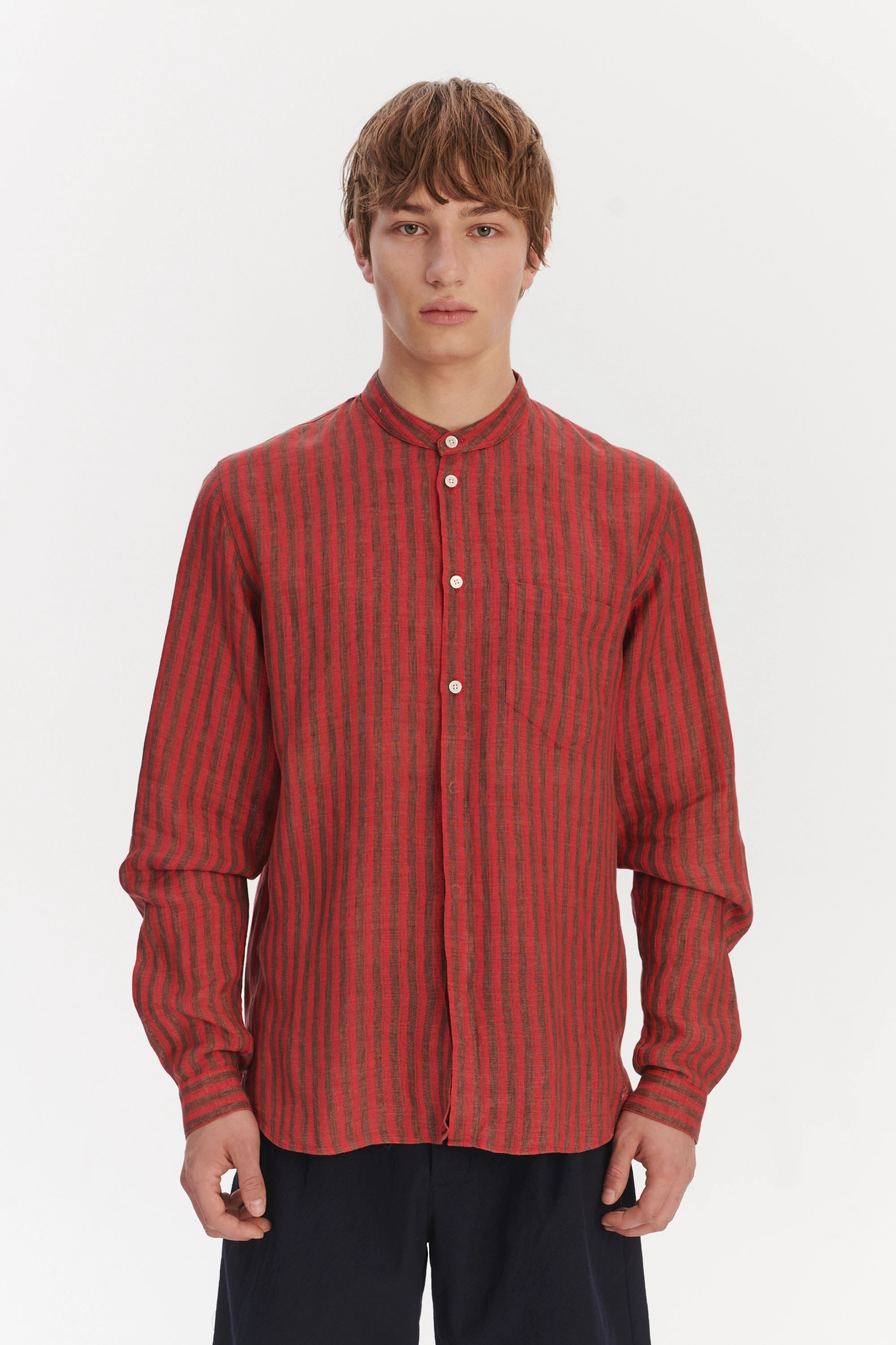 Zen Grandad Collar Shirt in a Red and Brown Striped Italian Linen