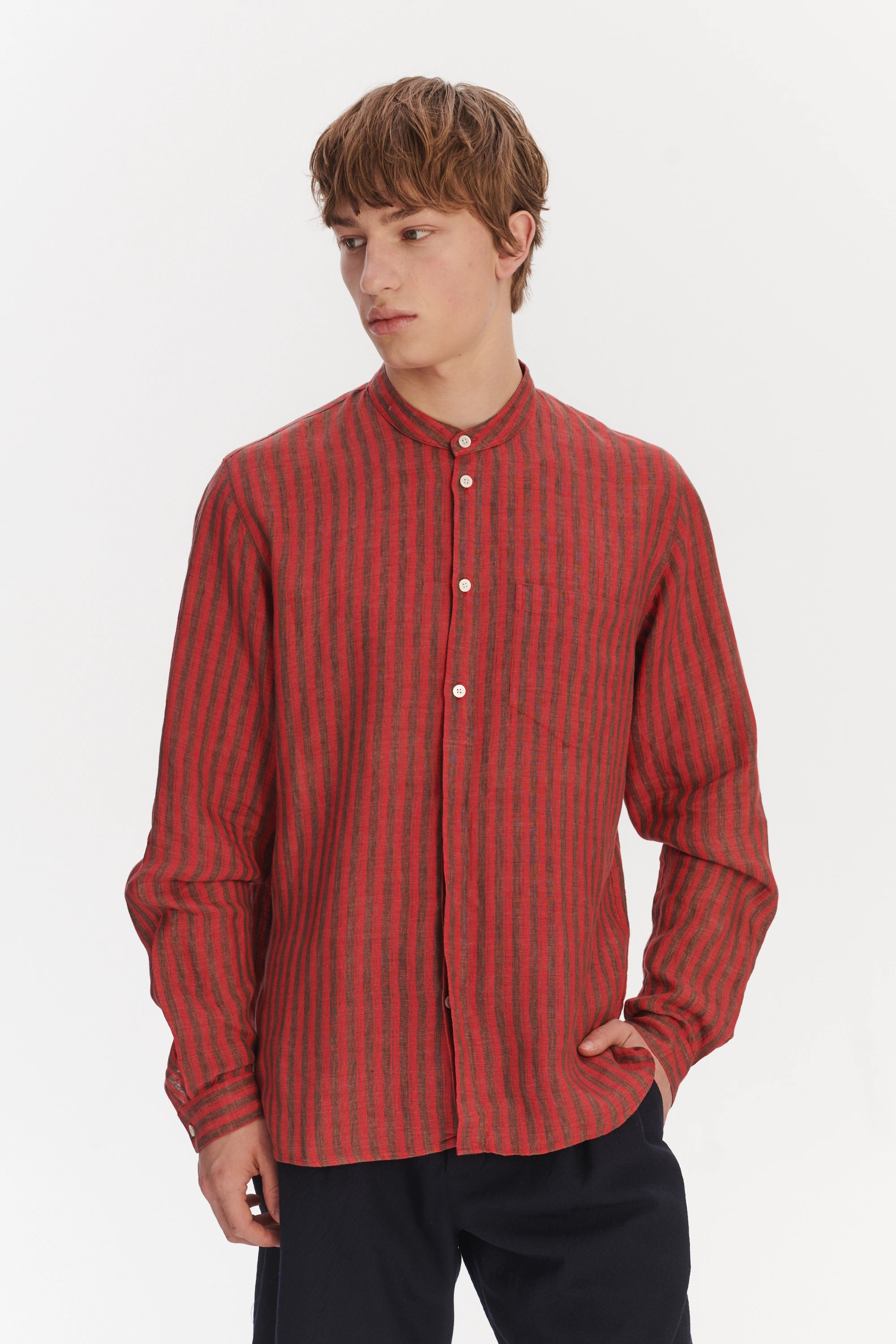 Zen Grandad Collar Shirt in a Red and Brown Striped Italian Linen