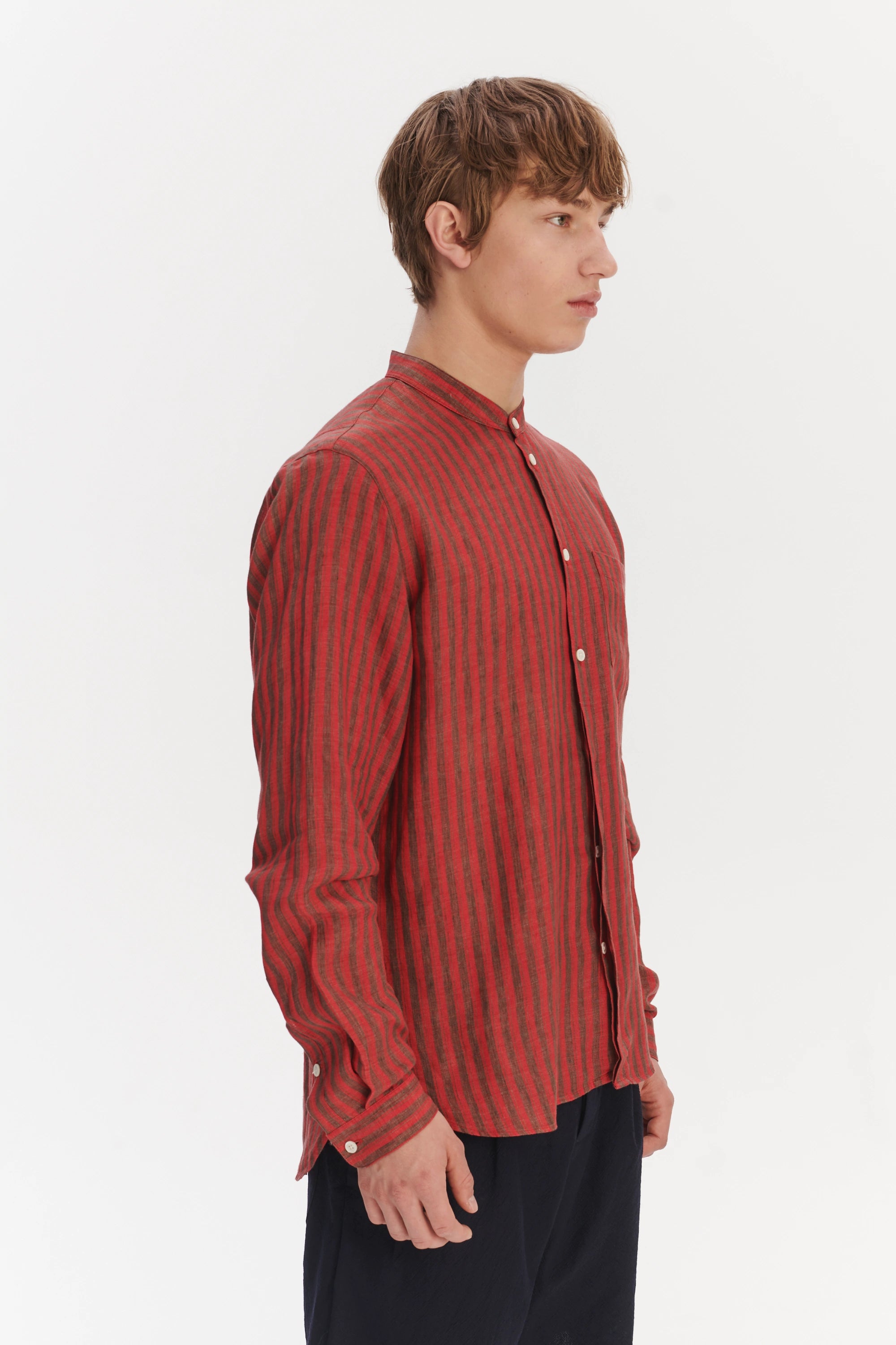 Zen Grandad Collar Shirt in a Red and Brown Striped Italian Linen