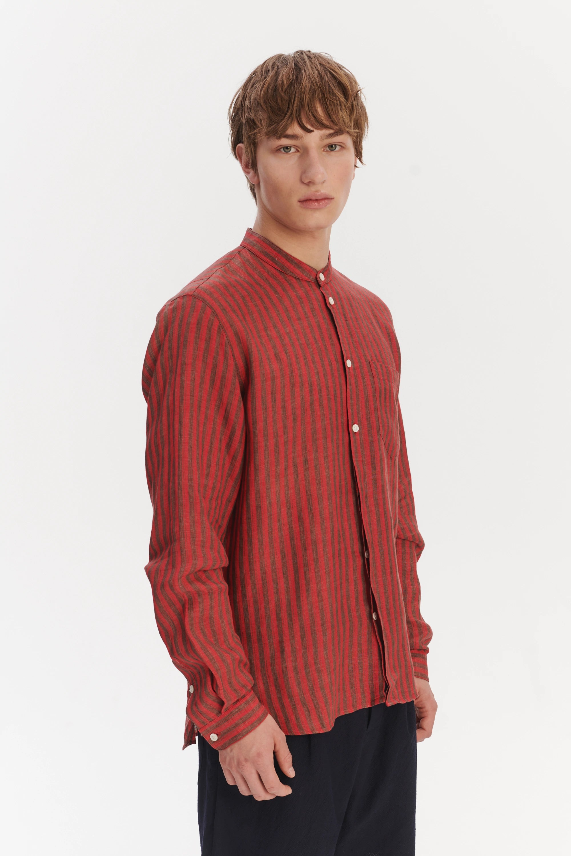 Zen Grandad Collar Shirt in a Red and Brown Striped Italian Linen