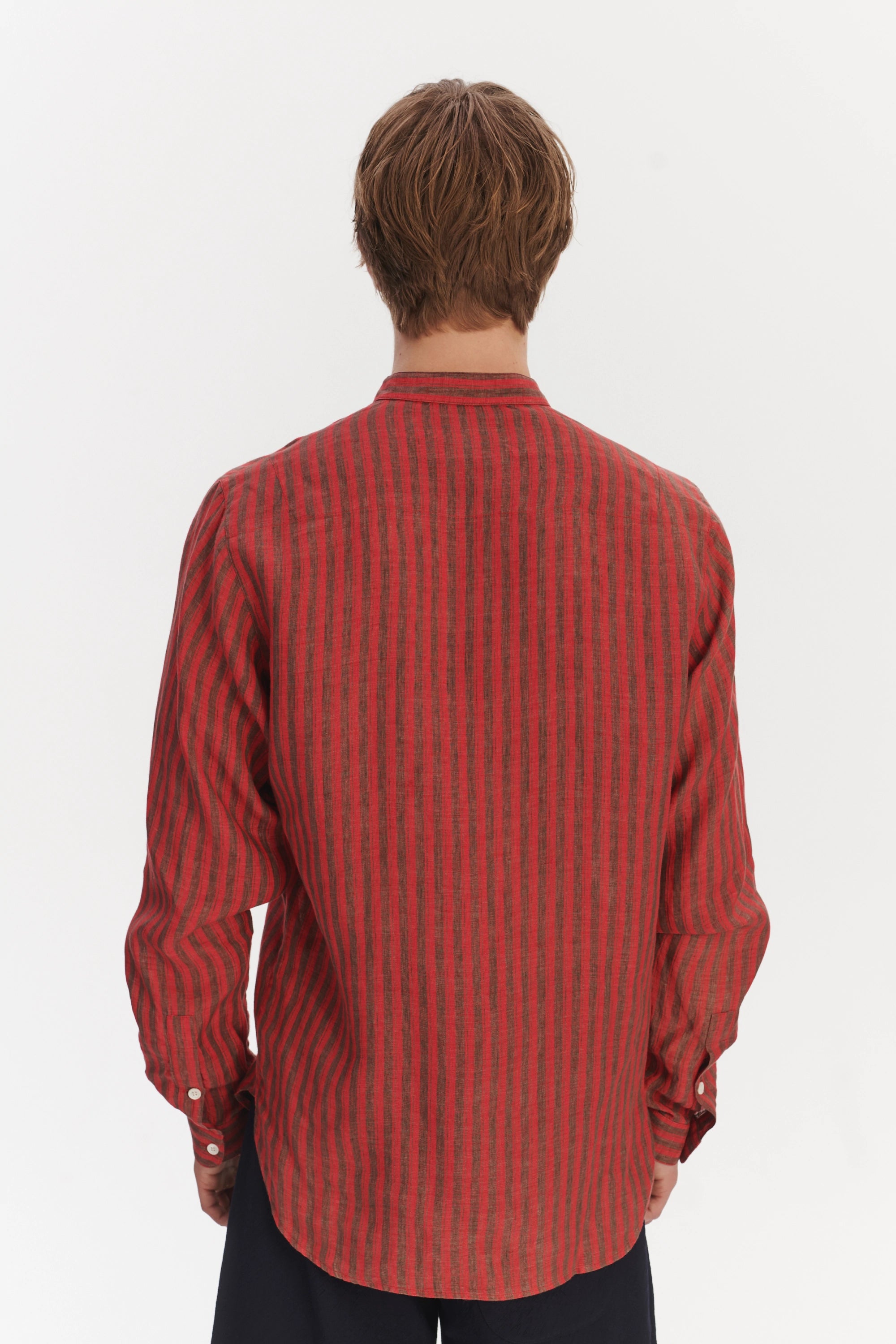 Zen Grandad Collar Shirt in a Red and Brown Striped Italian Linen