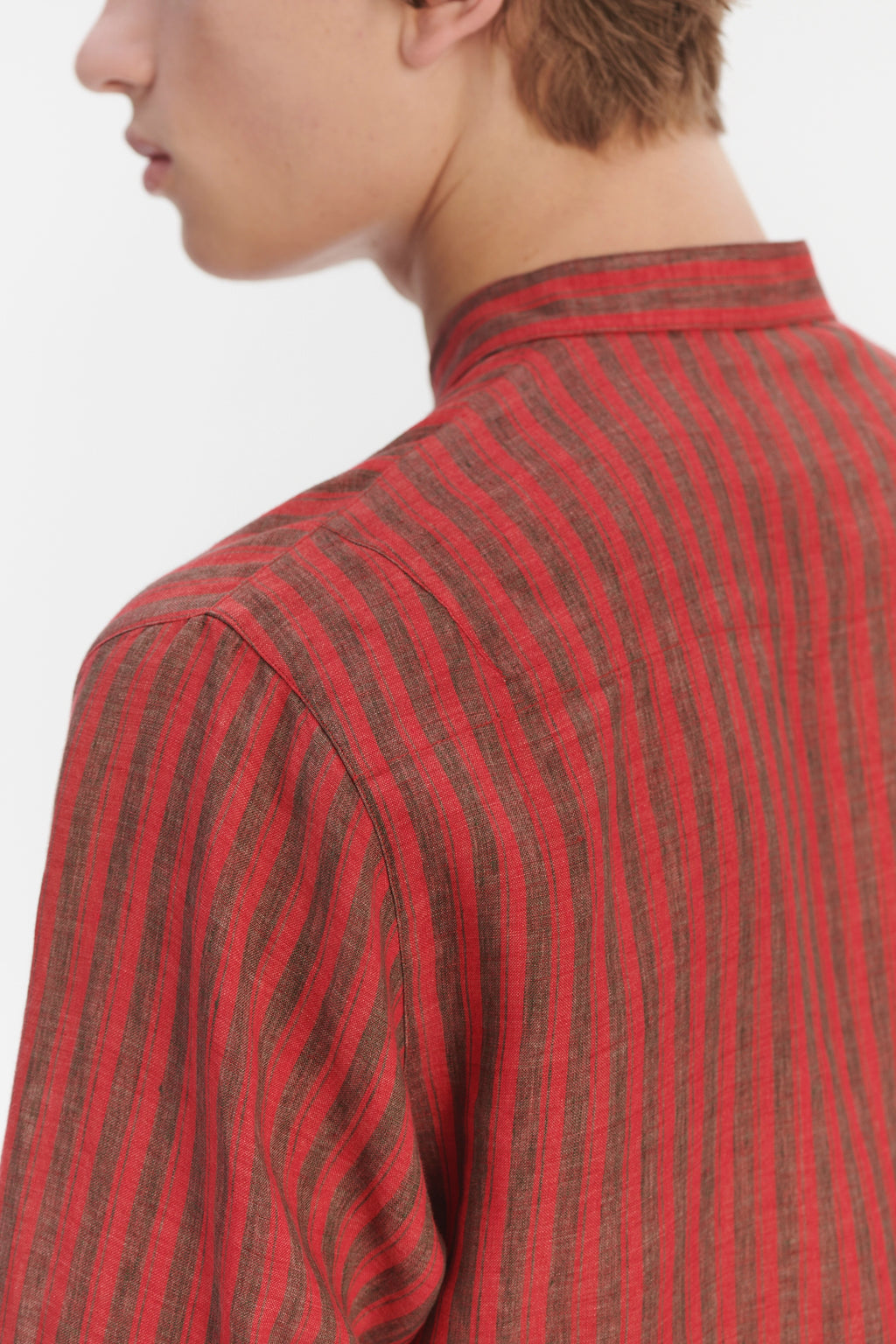 Zen Grandad Collar Shirt in a Red and Brown Striped Italian Linen