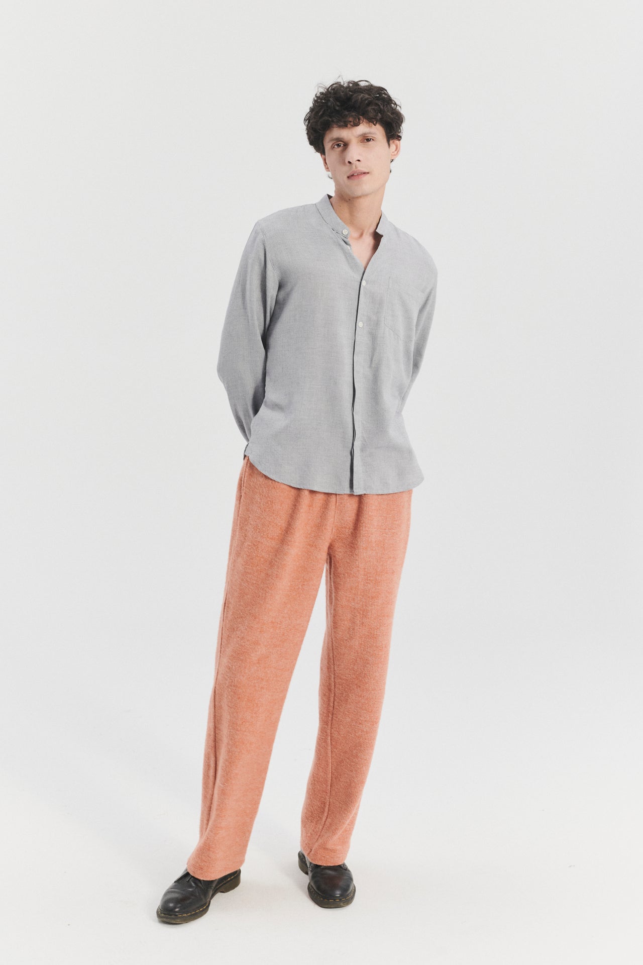 Zen Grandad Collar Shirt in a Finely Grey Striped Portuguese Merino Wool and Modal
