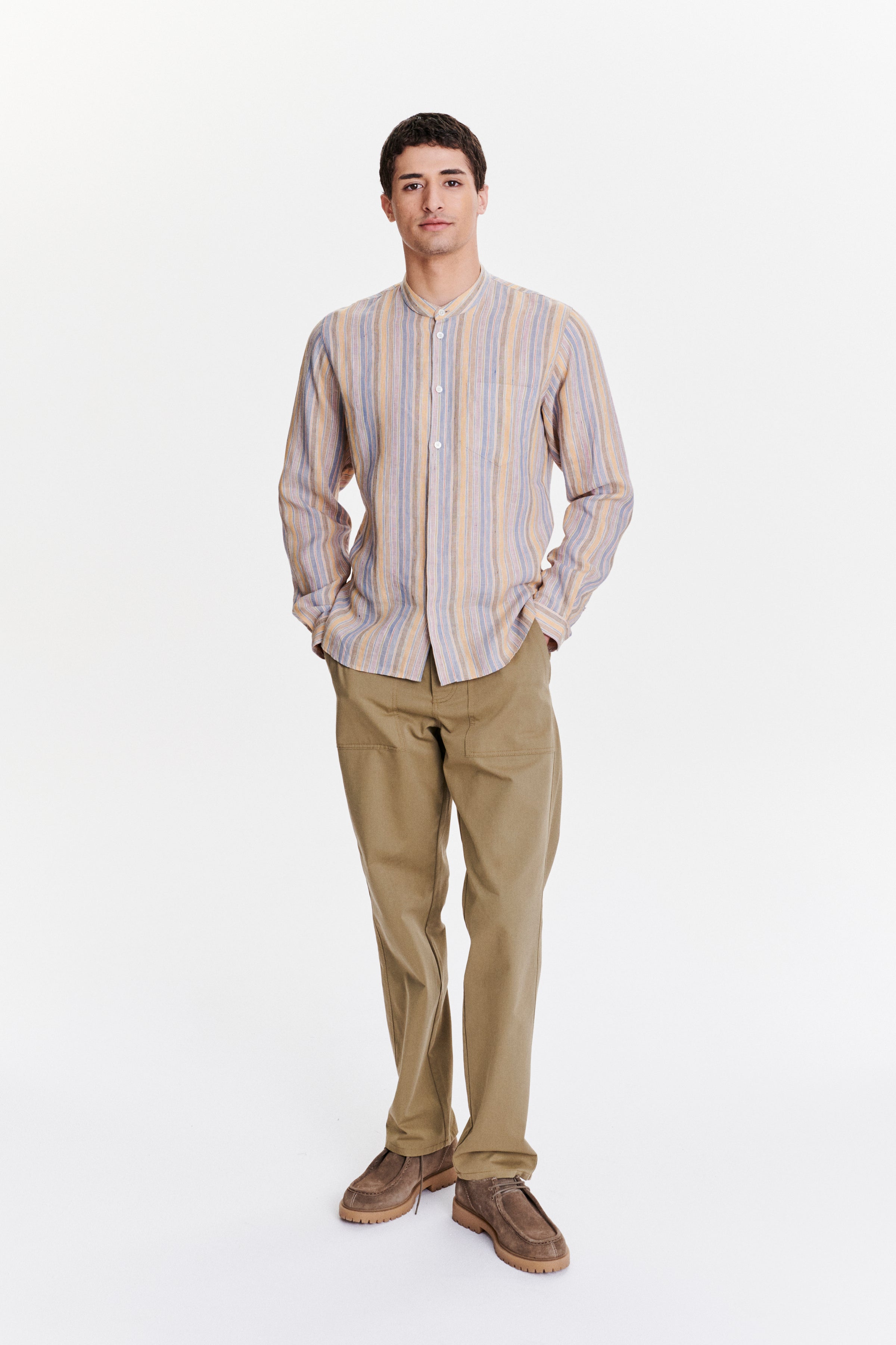 Zen Grandad Collar Shirt in a White, Blue, Yellow, Beige, Pink and Orange Striped Portuguese Linen