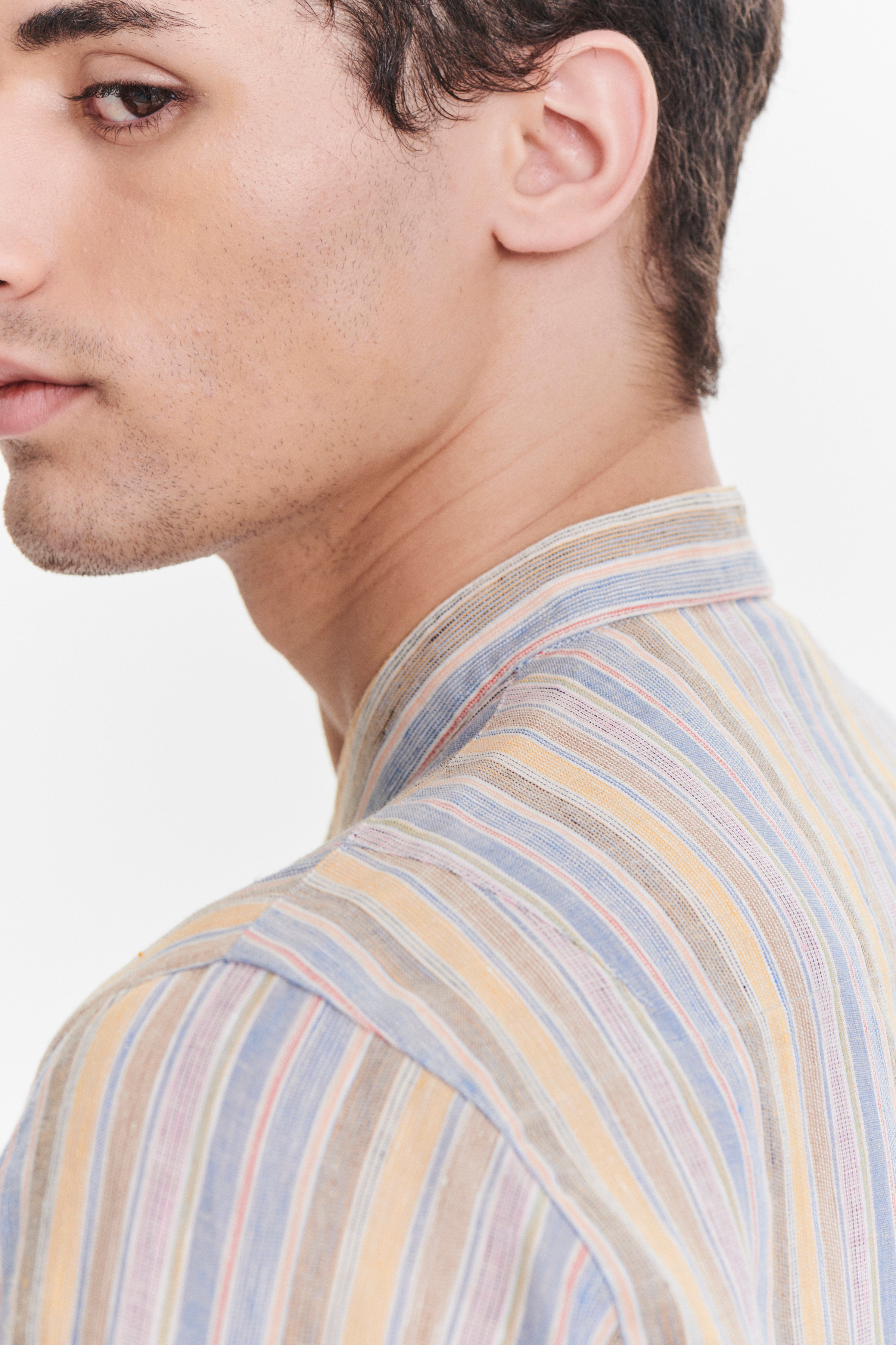 Zen Grandad Collar Shirt in a White, Blue, Yellow, Beige, Pink and Orange Striped Portuguese Linen