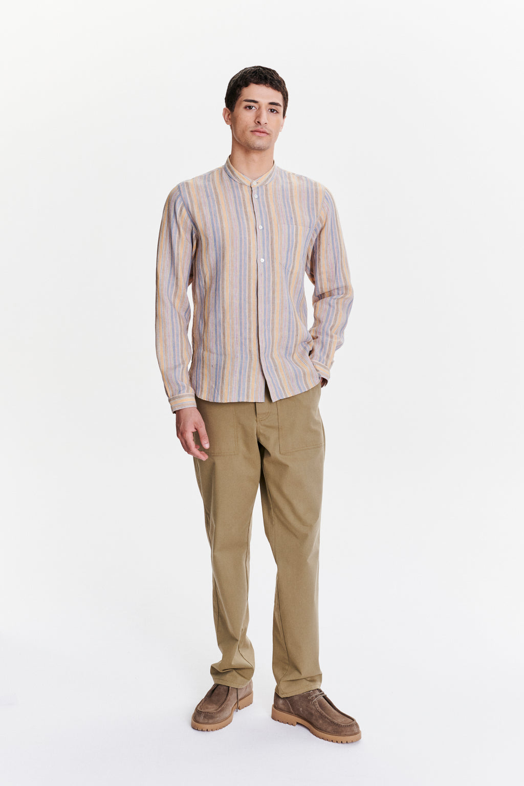 Zen Grandad Collar Shirt in a White, Blue, Yellow, Beige, Pink and Orange Striped Portuguese Linen