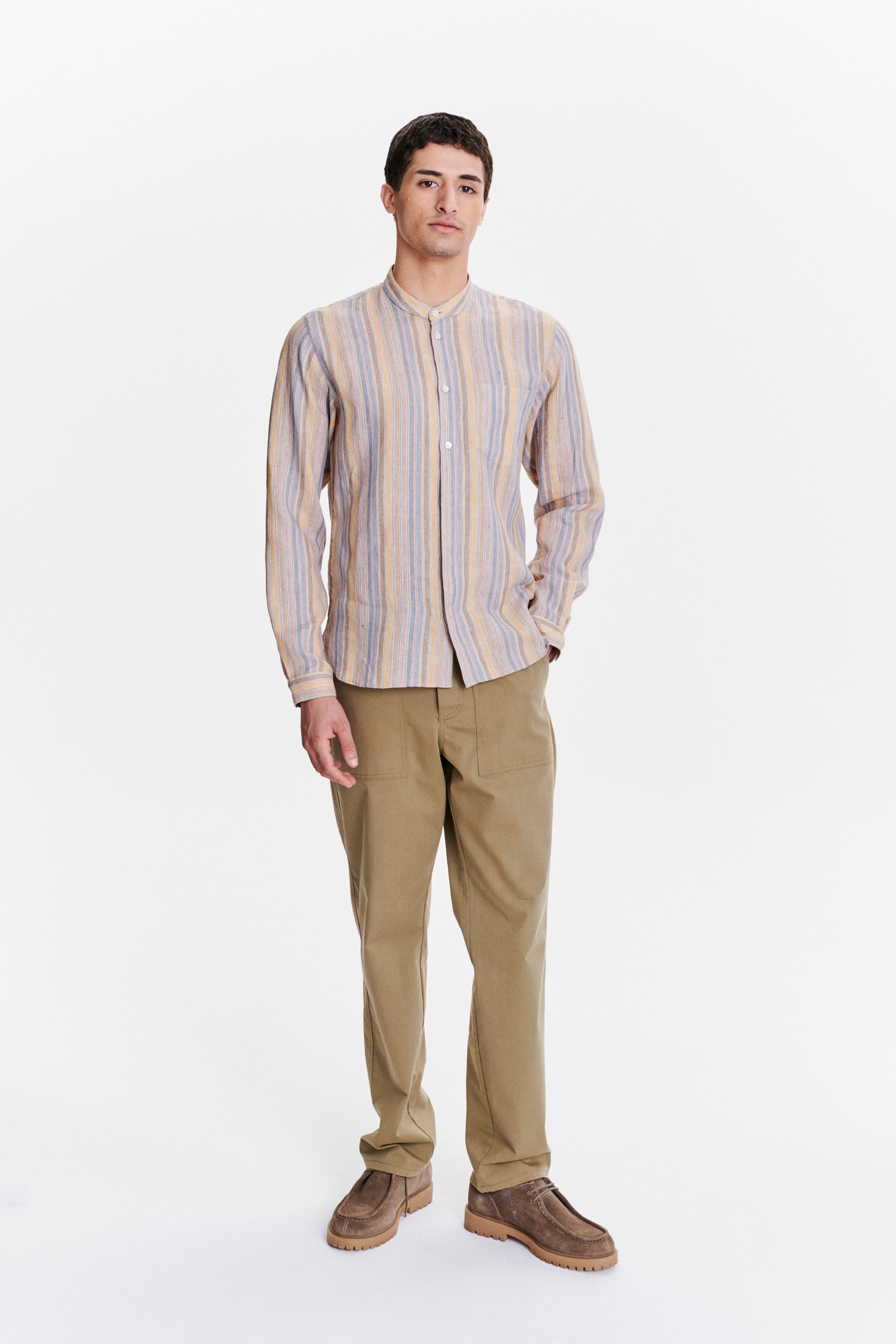 Zen Grandad Collar Shirt in a White, Blue, Yellow, Beige, Pink and Orange Striped Portuguese Linen