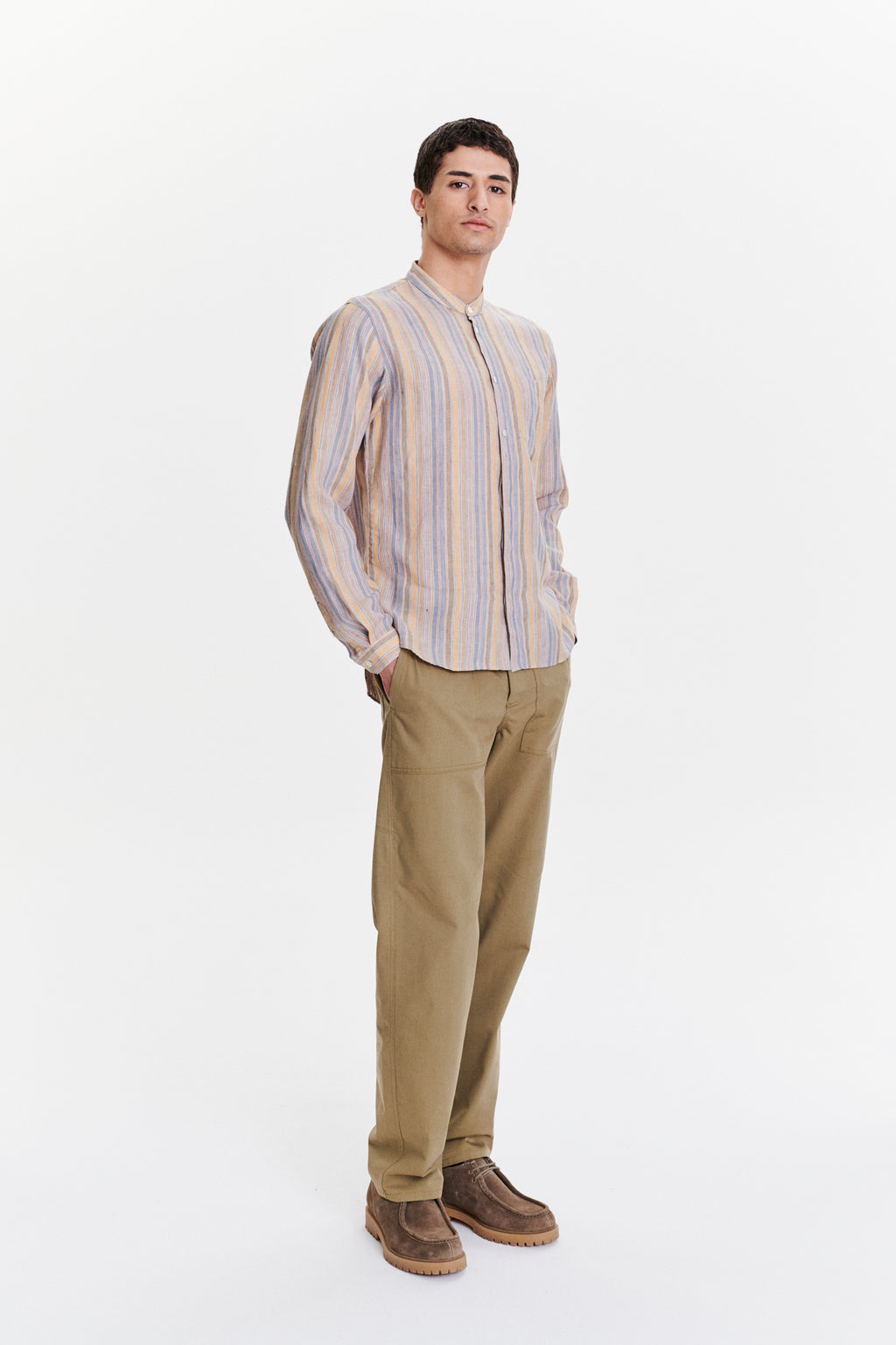 Zen Grandad Collar Shirt in a White, Blue, Yellow, Beige, Pink and Orange Striped Portuguese Linen