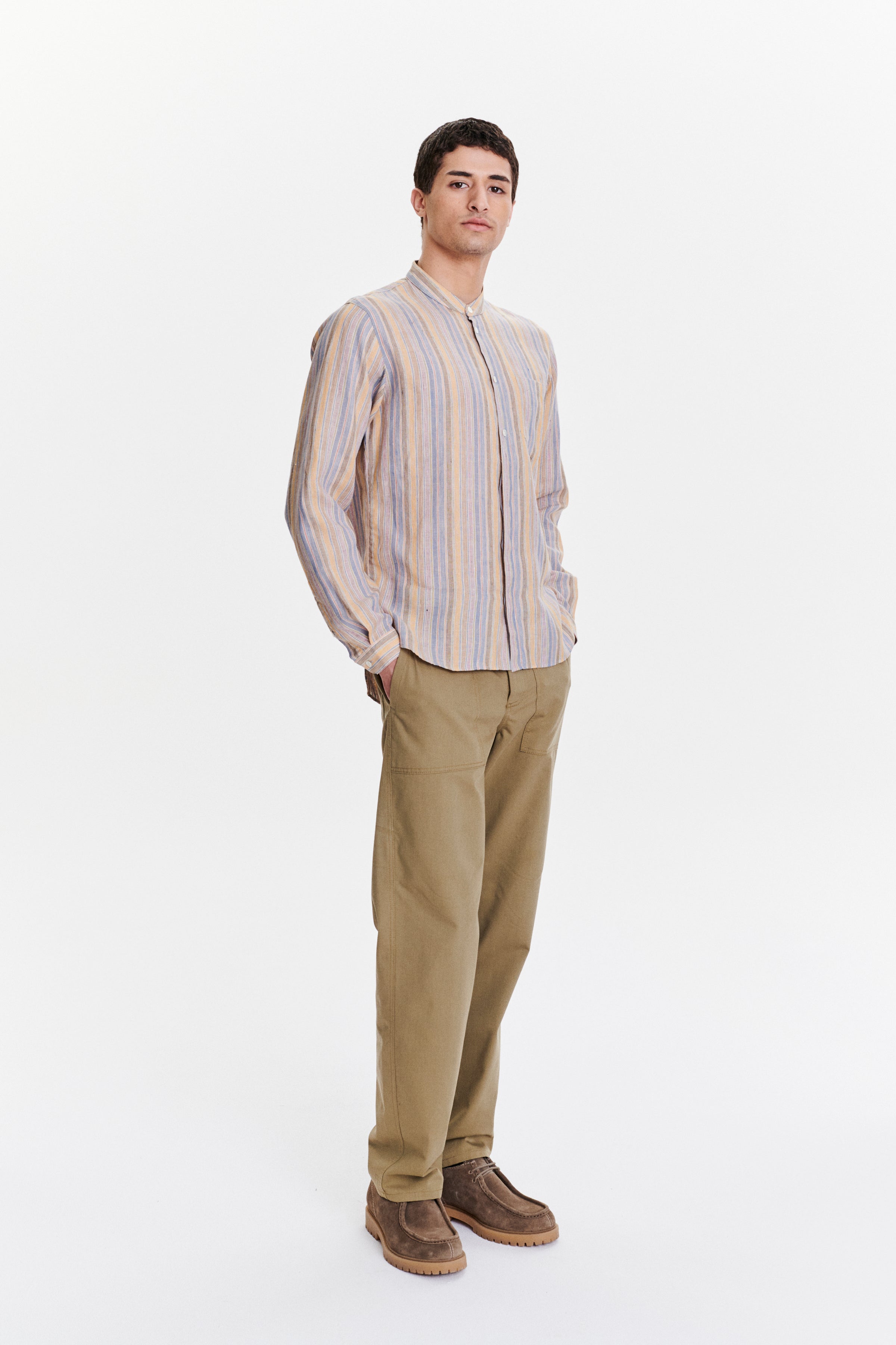 Zen Grandad Collar Shirt in a White, Blue, Yellow, Beige, Pink and Orange Striped Portuguese Linen