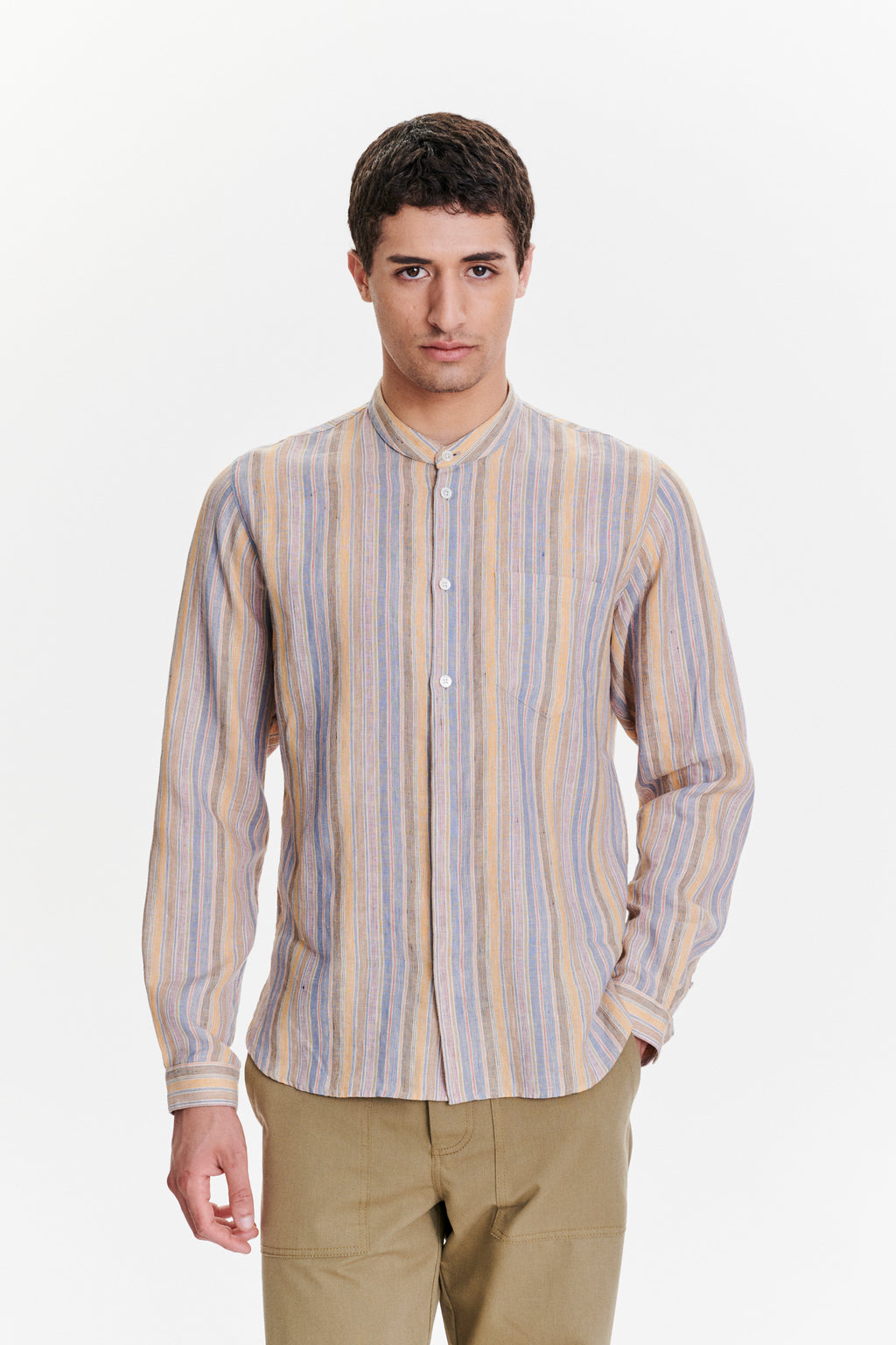 Zen Grandad Collar Shirt in a White, Blue, Yellow, Beige, Pink and Orange Striped Portuguese Linen