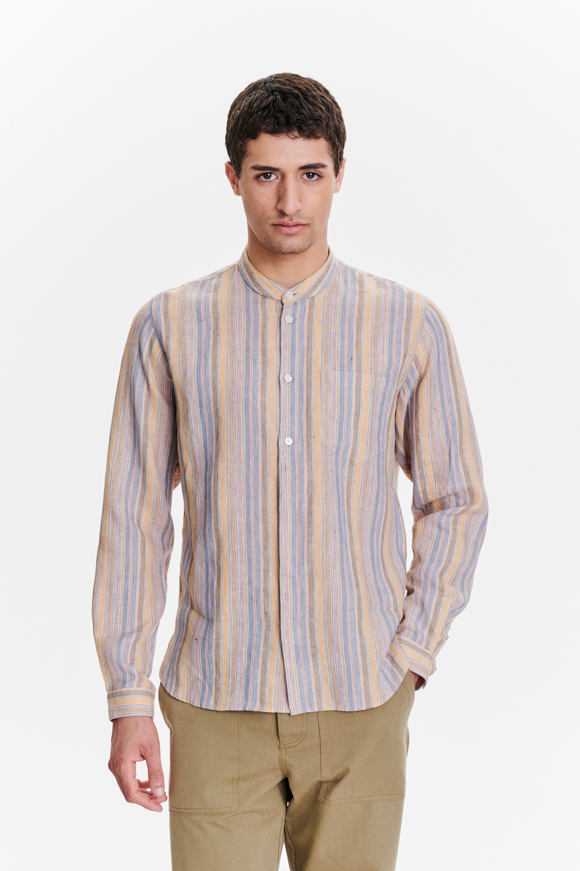 Zen Grandad Collar Shirt in a White, Blue, Yellow, Beige, Pink and Orange Striped Portuguese Linen