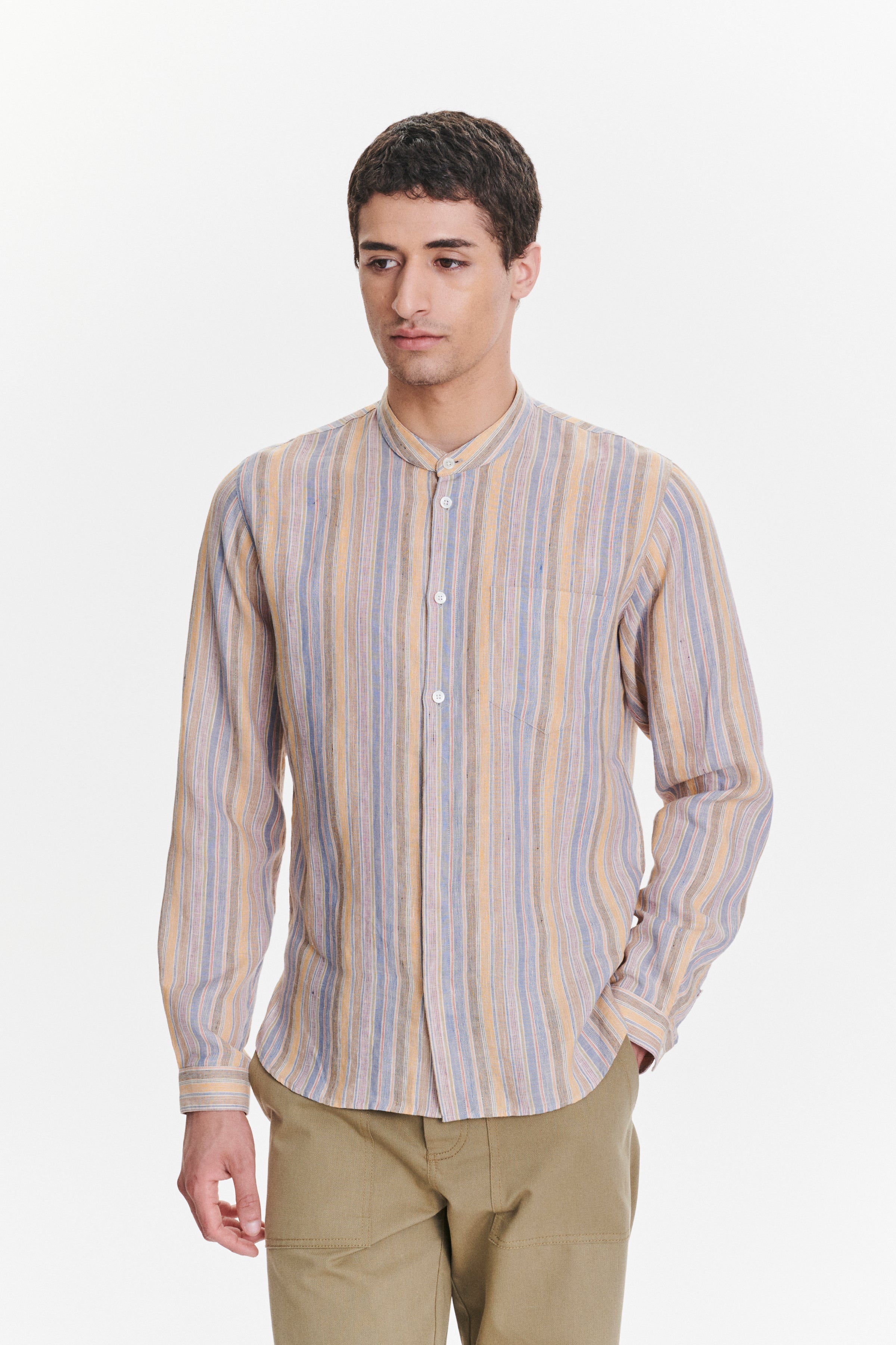 Zen Grandad Collar Shirt in a White, Blue, Yellow, Beige, Pink and Orange Striped Portuguese Linen