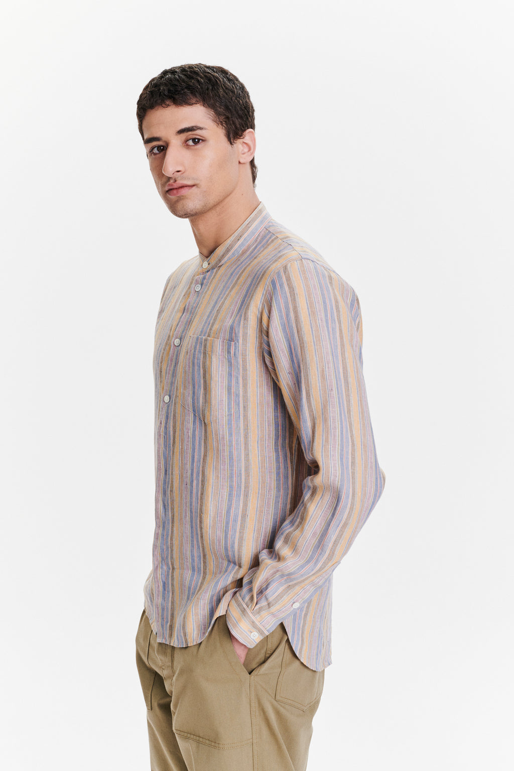 Zen Grandad Collar Shirt in a White, Blue, Yellow, Beige, Pink and Orange Striped Portuguese Linen