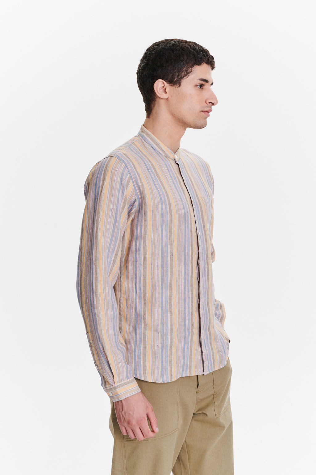 Zen Grandad Collar Shirt in a White, Blue, Yellow, Beige, Pink and Orange Striped Portuguese Linen