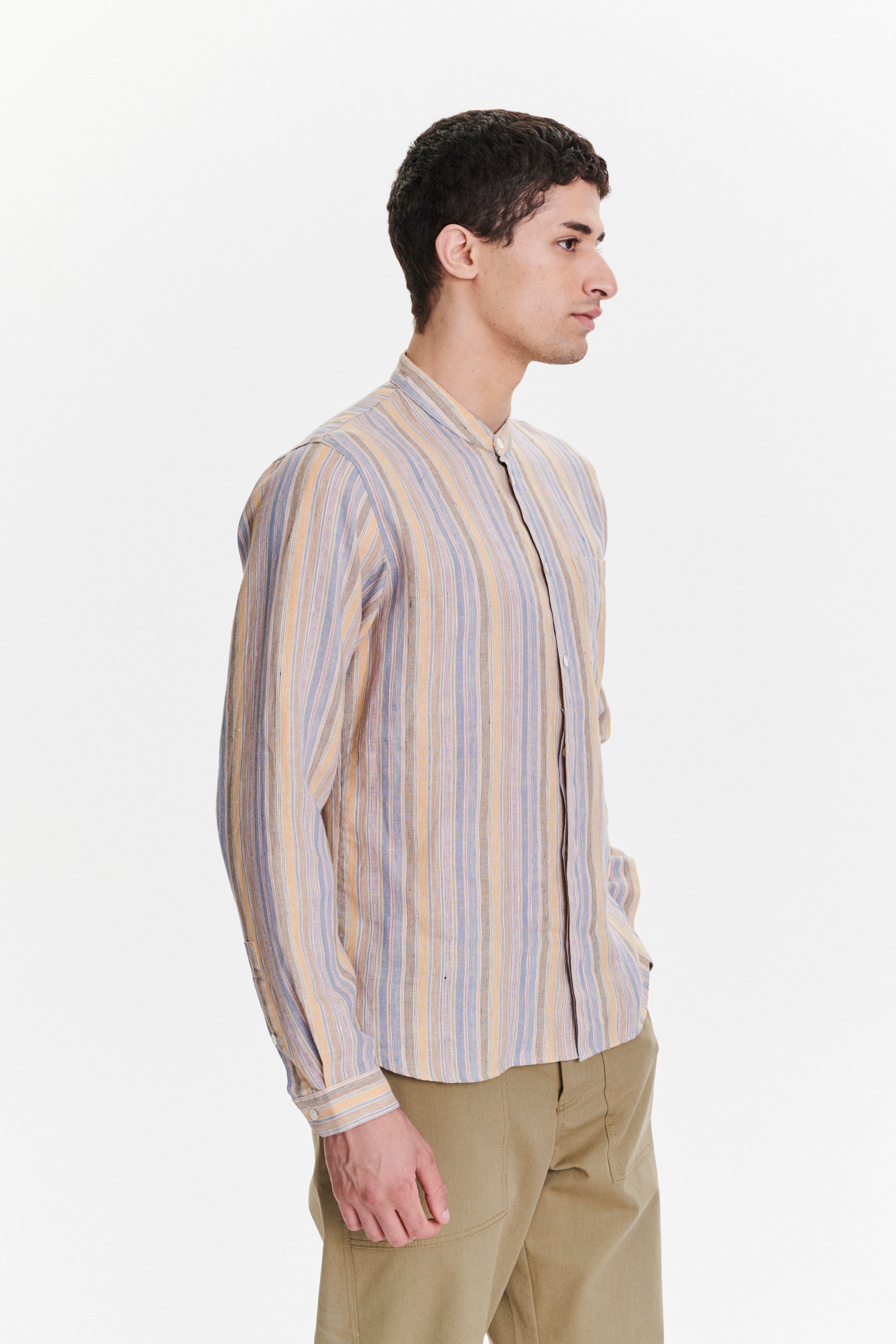 Zen Grandad Collar Shirt in a White, Blue, Yellow, Beige, Pink and Orange Striped Portuguese Linen