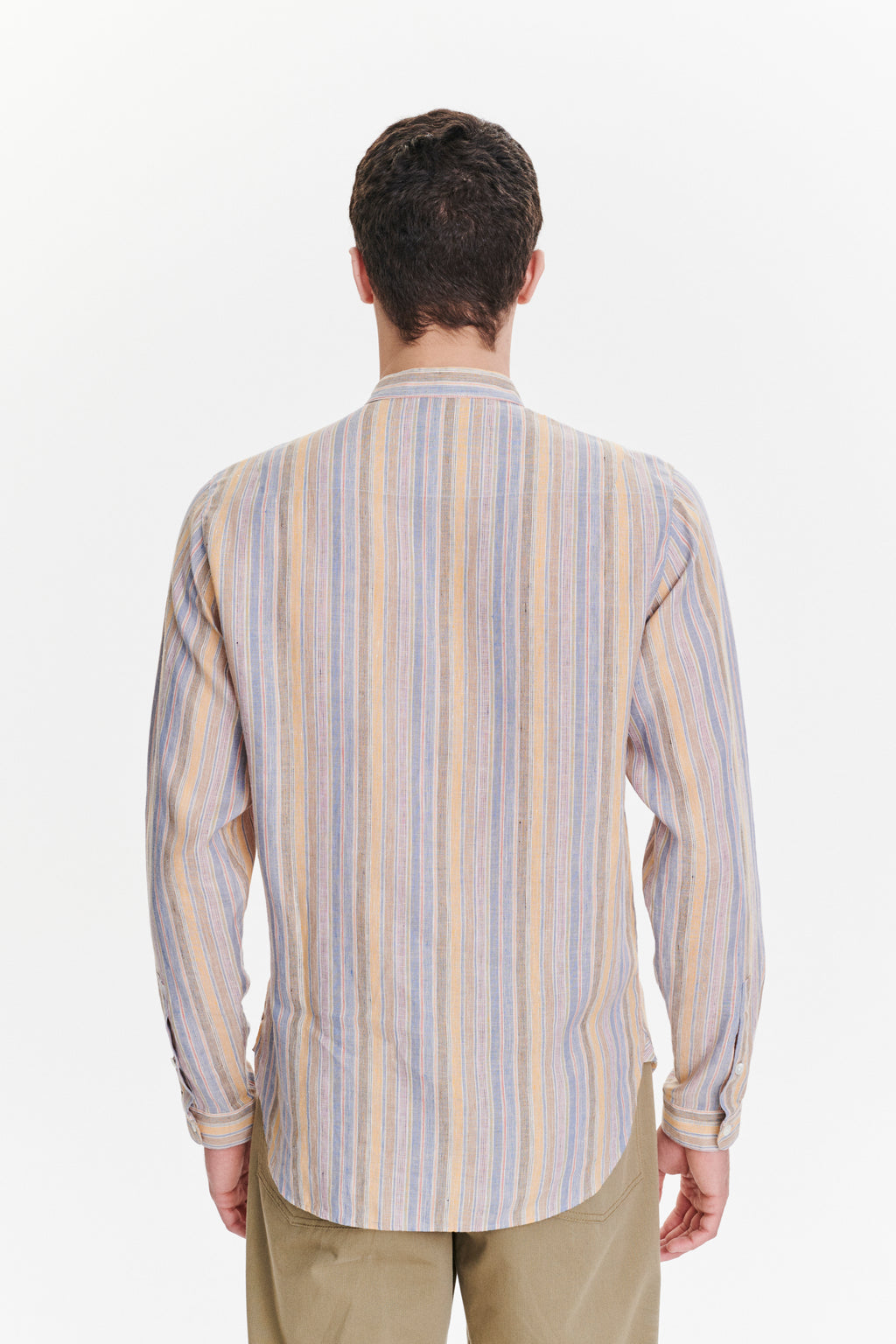 Zen Grandad Collar Shirt in a White, Blue, Yellow, Beige, Pink and Orange Striped Portuguese Linen