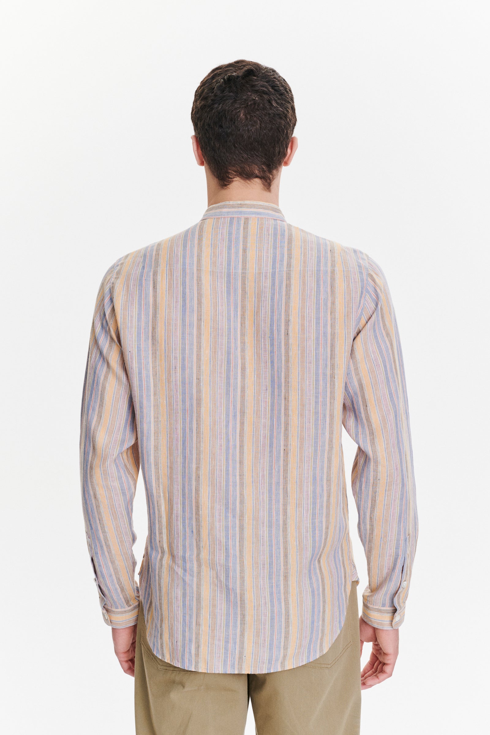 Zen Grandad Collar Shirt in a White, Blue, Yellow, Beige, Pink and Orange Striped Portuguese Linen