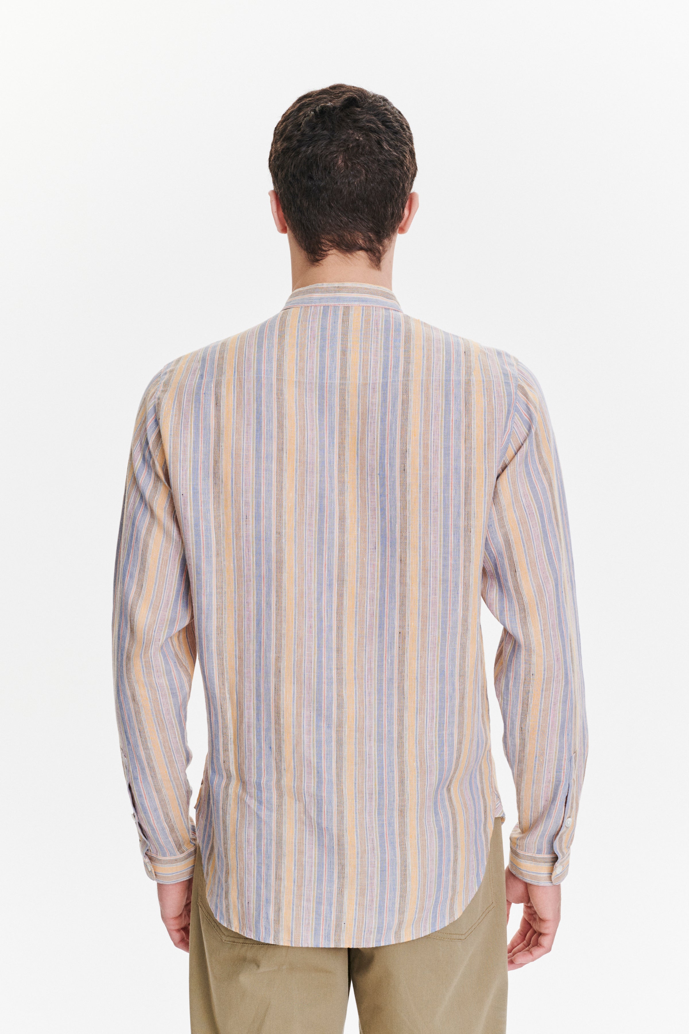 Zen Grandad Collar Shirt in a White, Blue, Yellow, Beige, Pink and Orange Striped Portuguese Linen