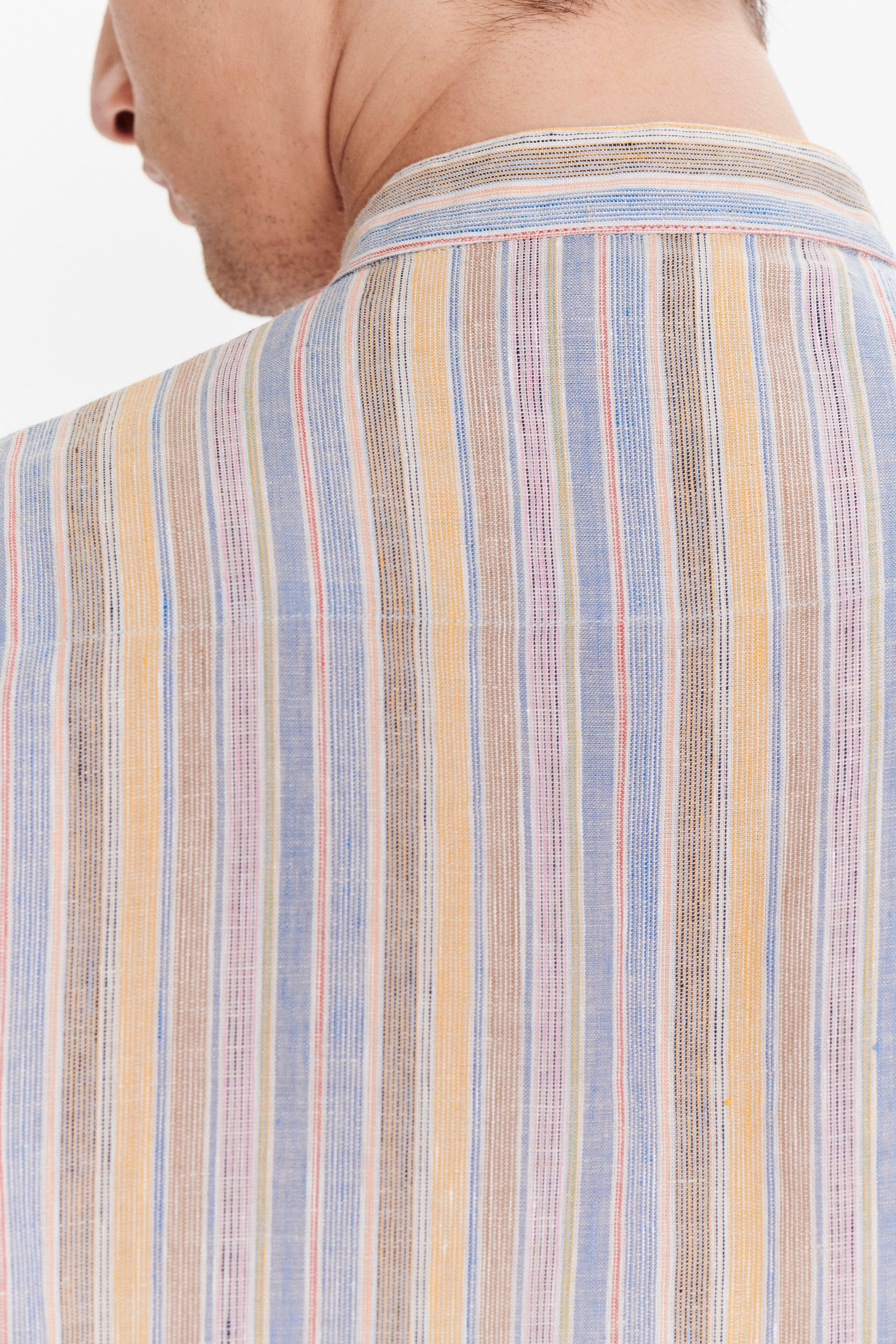Zen Grandad Collar Shirt in a White, Blue, Yellow, Beige, Pink and Orange Striped Portuguese Linen