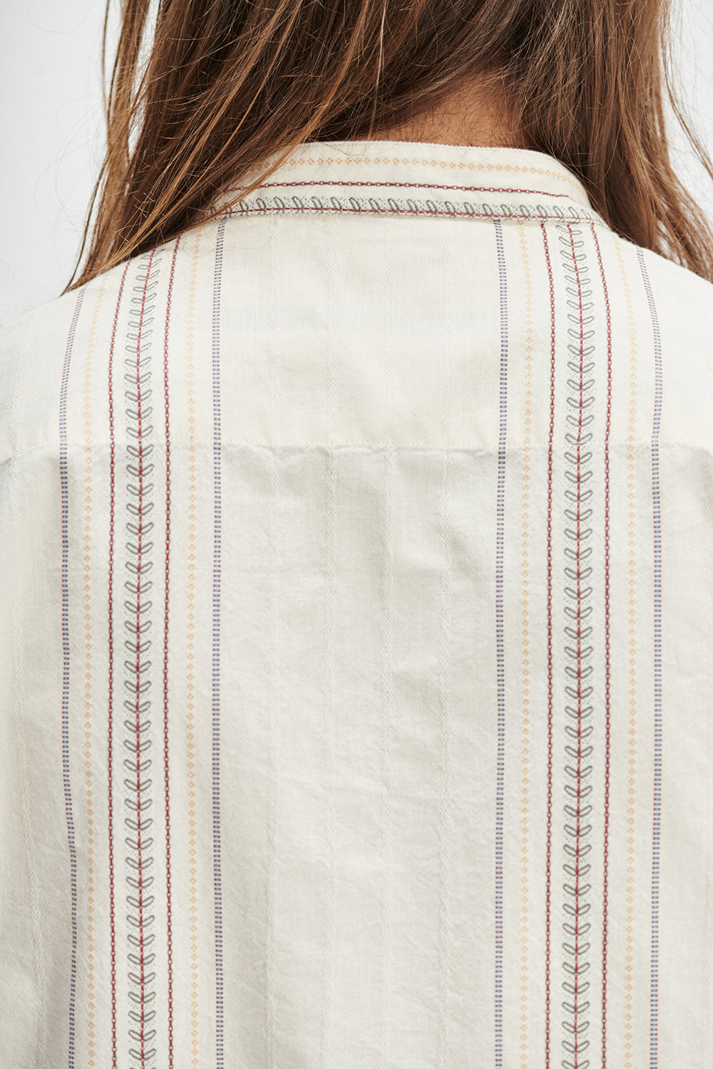 Zen Shirt in Cream White with Folkloric Striped Motifs in Red, Yellow and Grey Portuguese Cotton