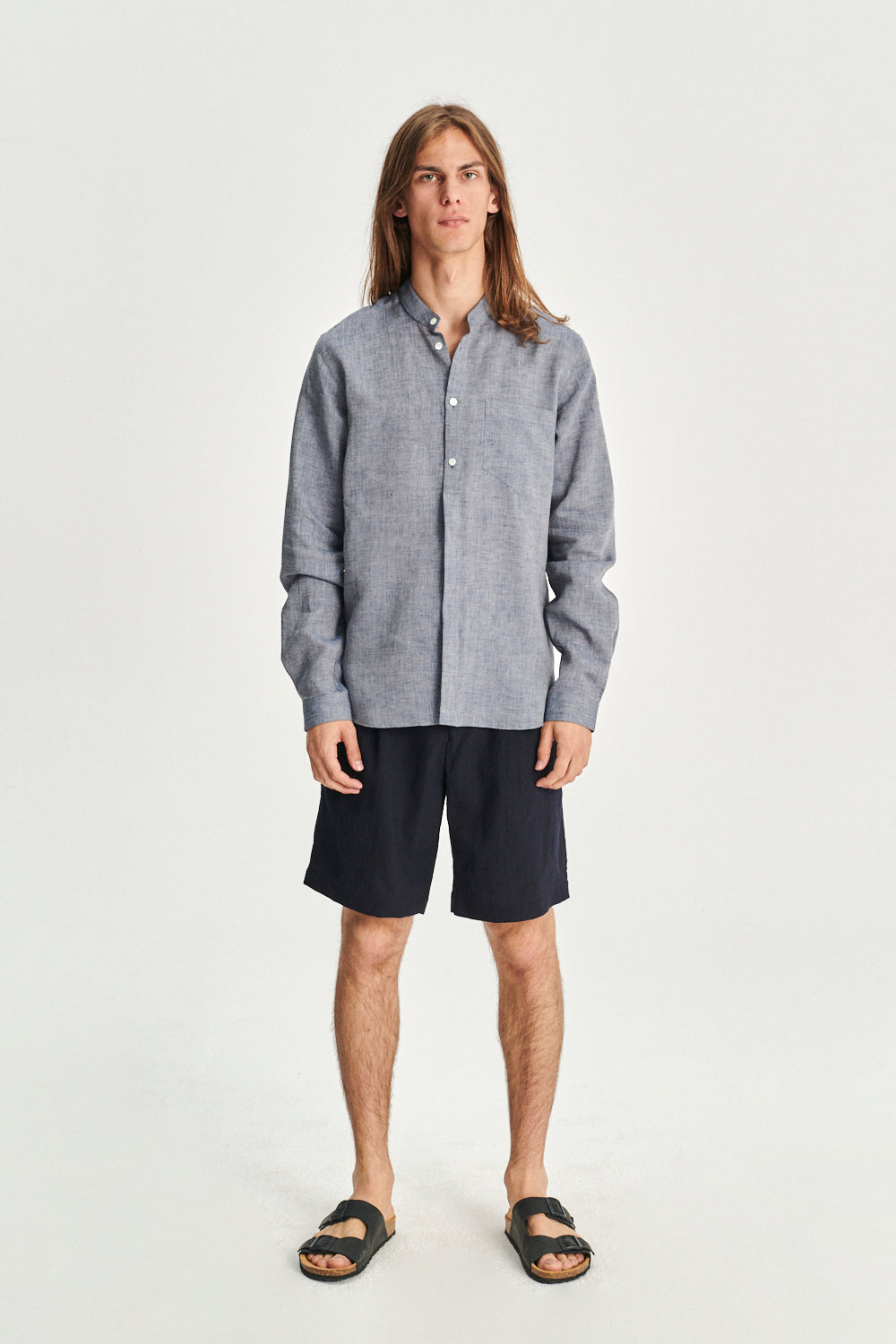 Zen Grandad Collar Shirt in a Blue Portuguese Linen