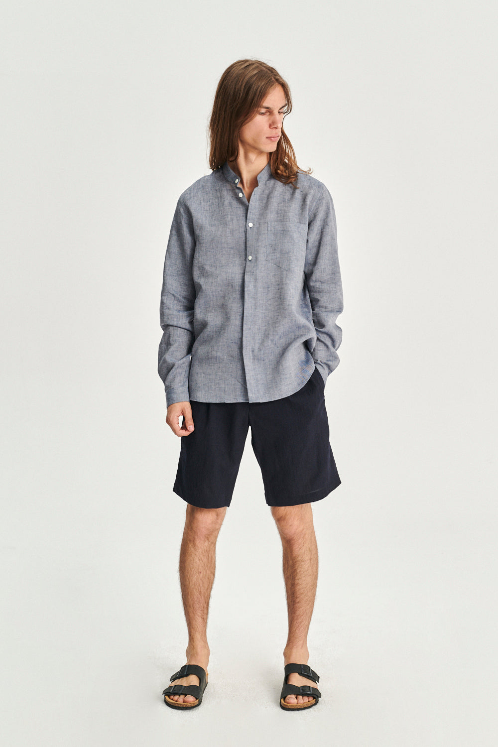 Zen Grandad Collar Shirt in a Blue Portuguese Linen