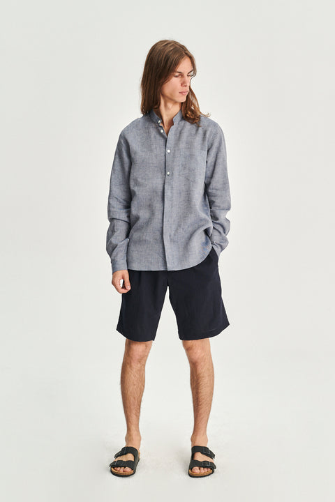 Zen Grandad Collar Shirt in a Blue Portuguese Linen
