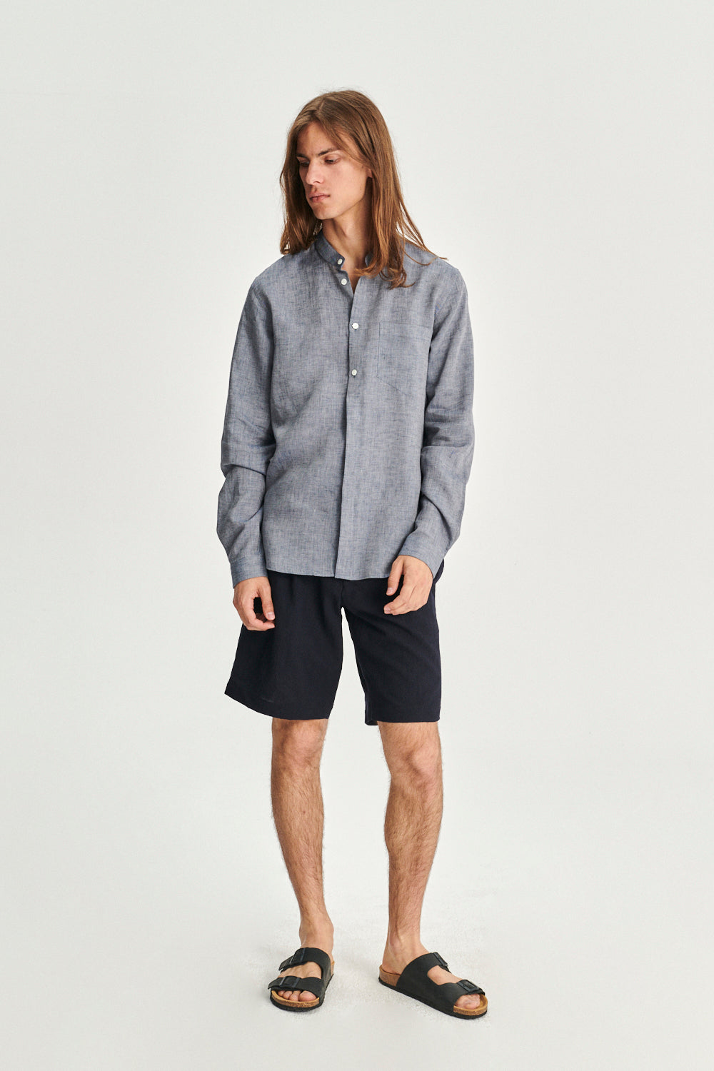 Zen Grandad Collar Shirt in a Blue Portuguese Linen