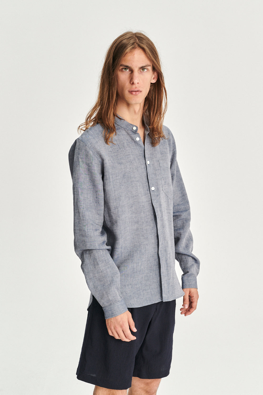 Zen Grandad Collar Shirt in a Blue Portuguese Linen
