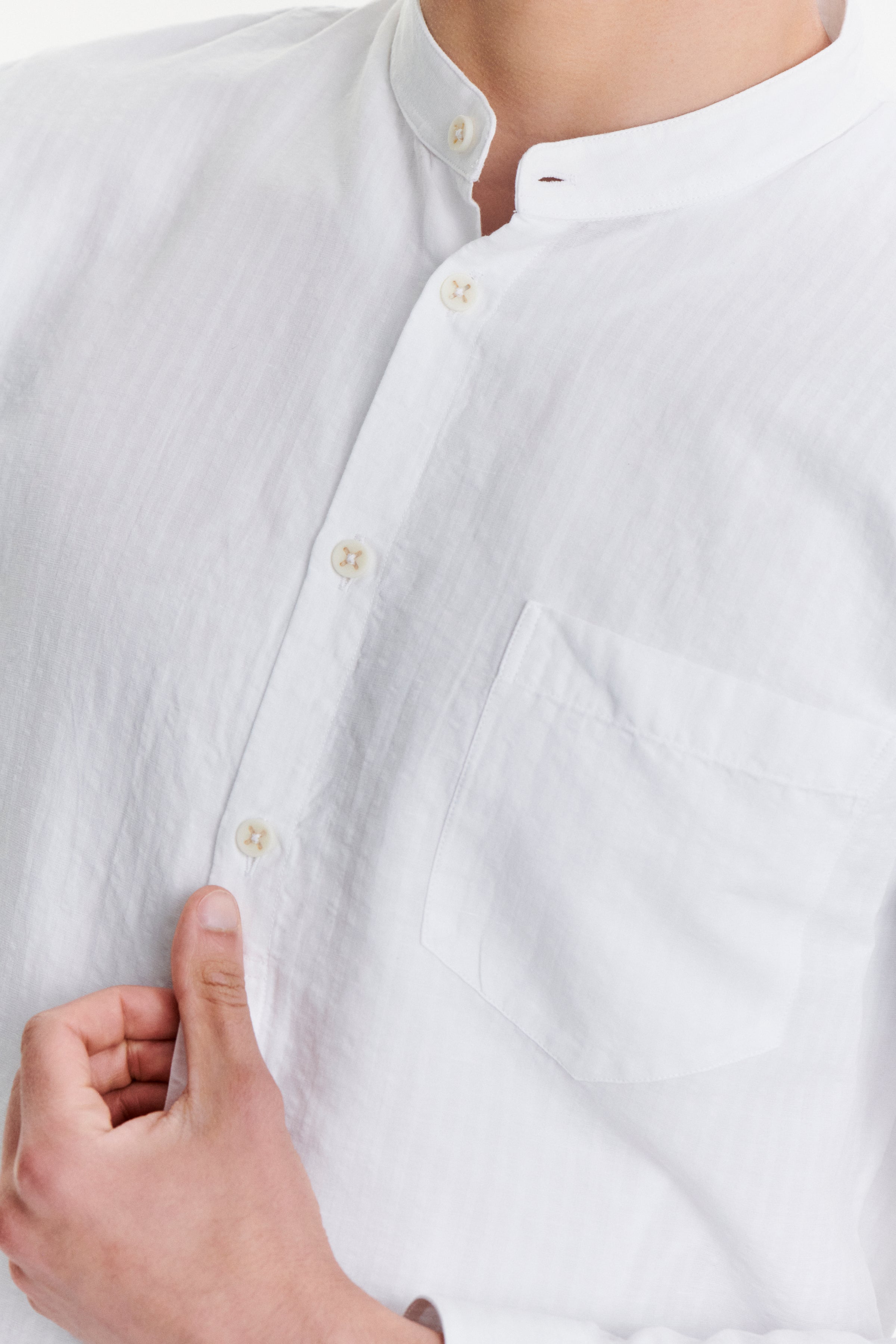 Zen Grandad Collar Shirt in a White Soft Portuguese Cotton and Linen Seersucker