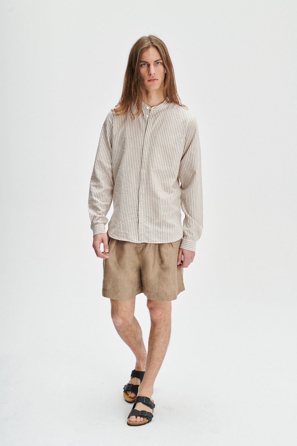 Zen Grandad Collar Shirt in a Beige Italian Cotton and Linen Blend