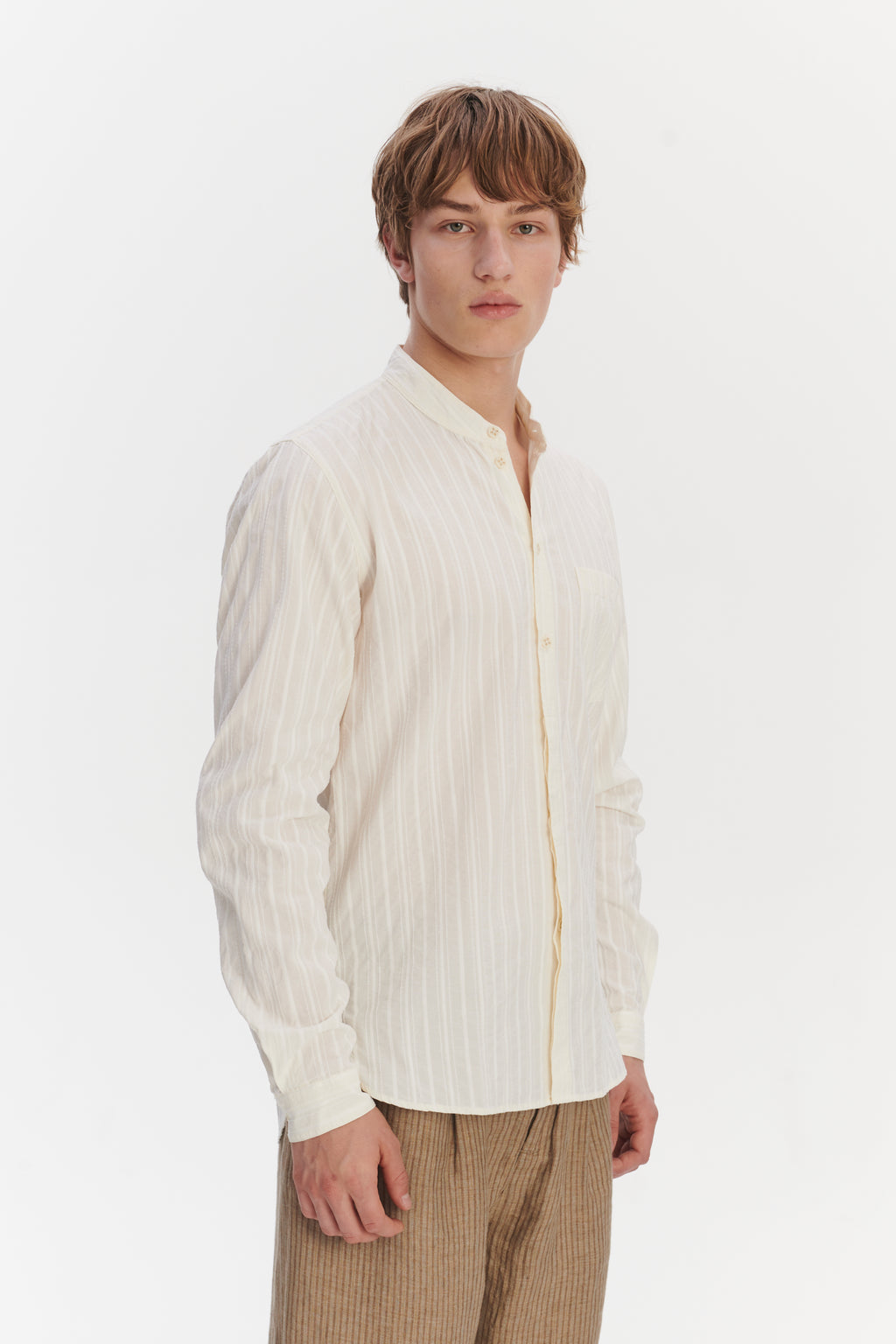 Zen Shirt in an Off-White Structural Tonal Striped Italian Cotton