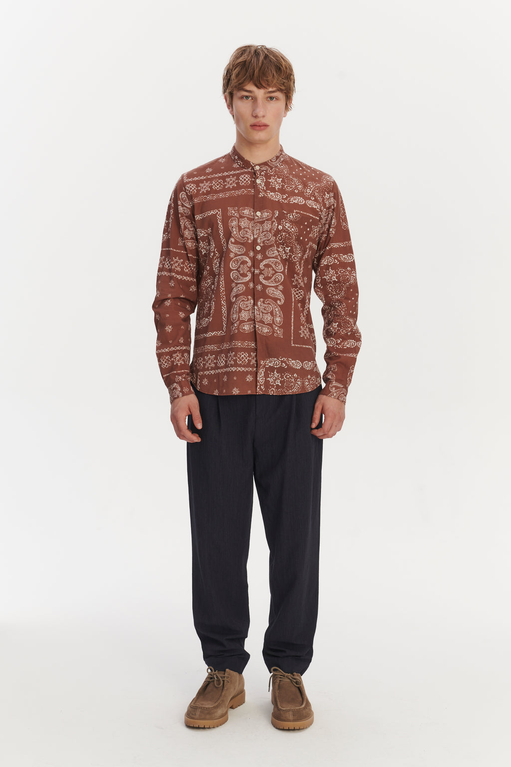 Zen Grandad Collar Shirt in a Rusty Chestnut Airy Bandana Print Italian Cotton