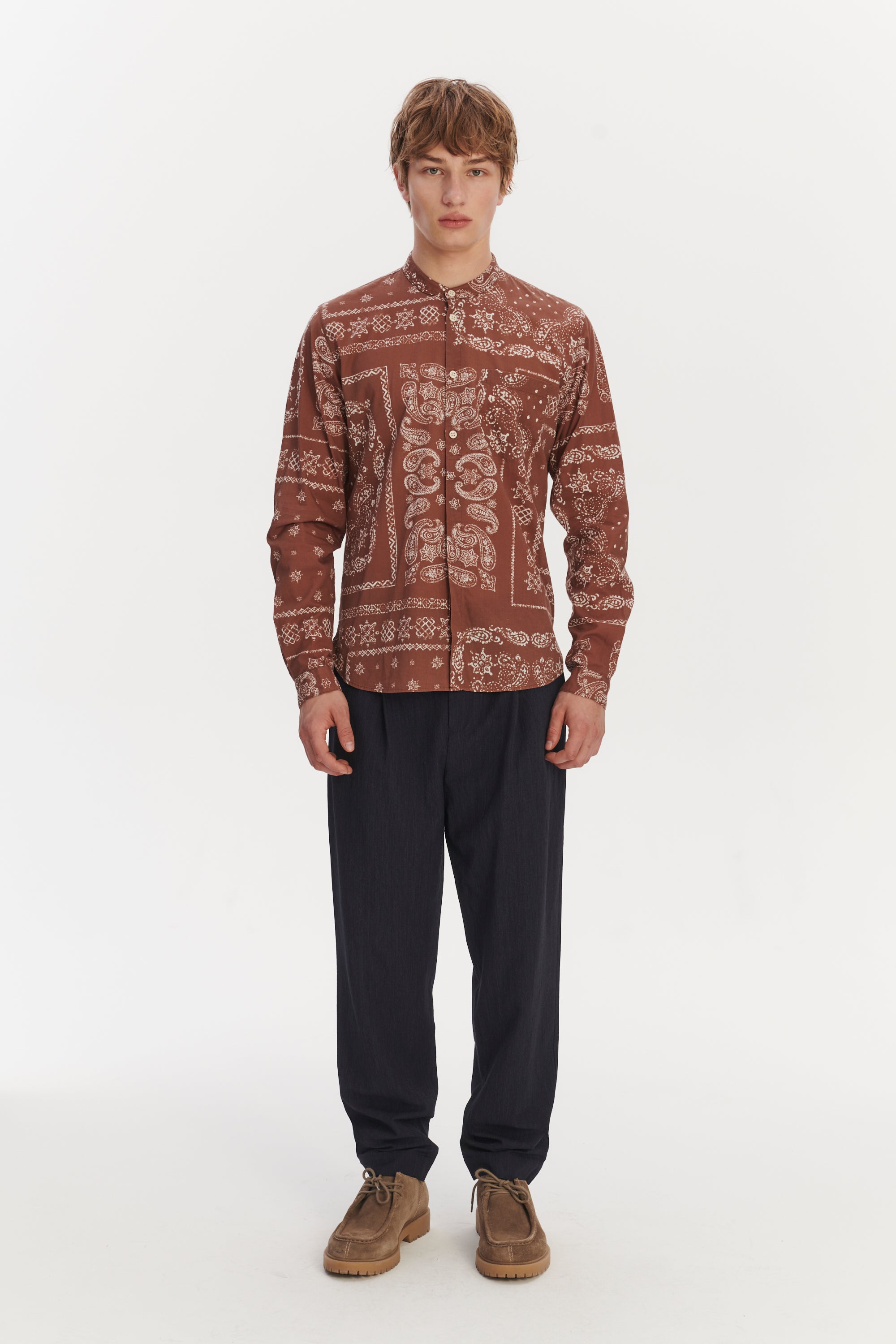 Zen Grandad Collar Shirt in a Rusty Chestnut Airy Bandana Print Italian Cotton