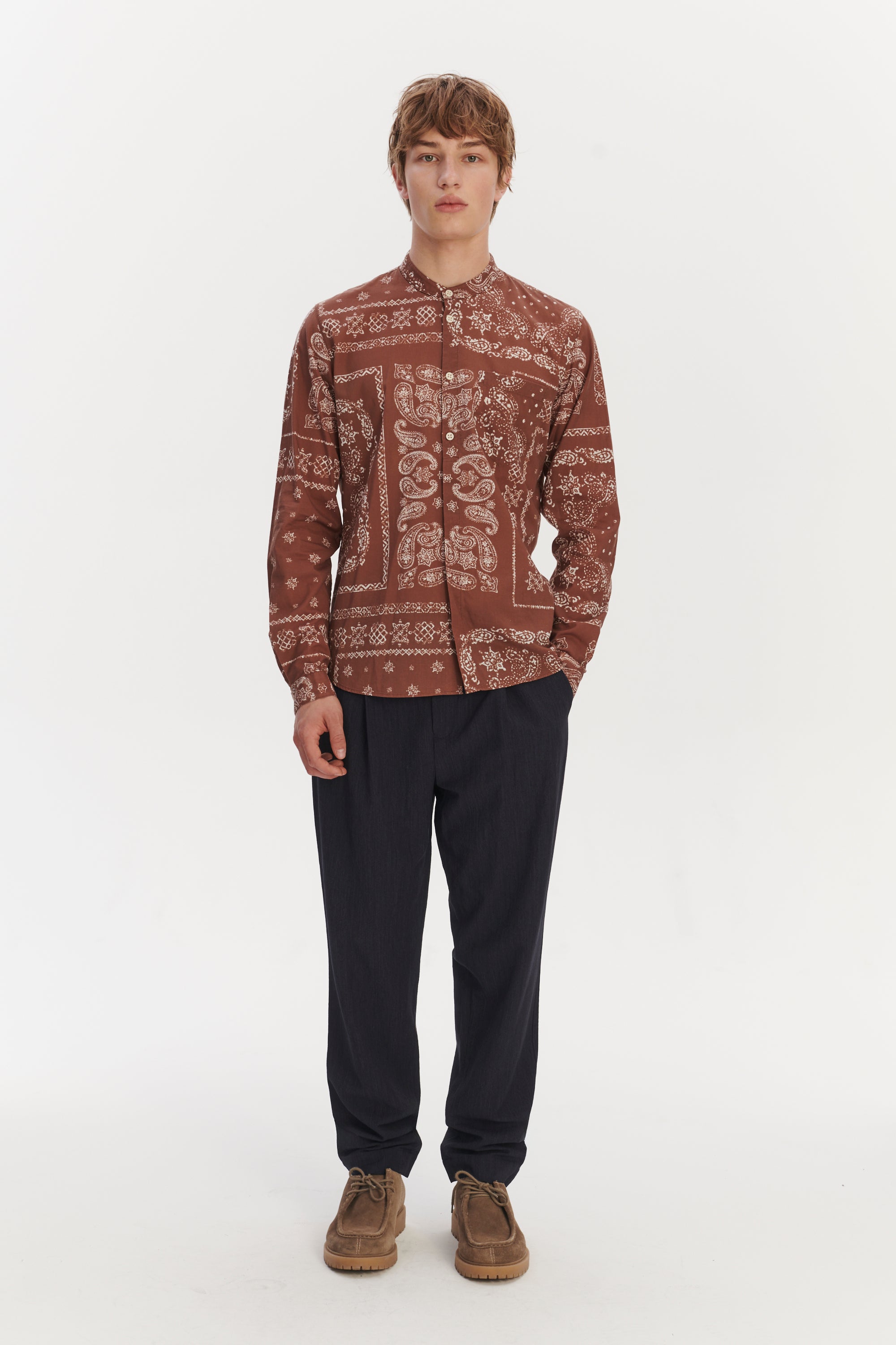 Zen Grandad Collar Shirt in a Rusty Chestnut Airy Bandana Print Italian Cotton
