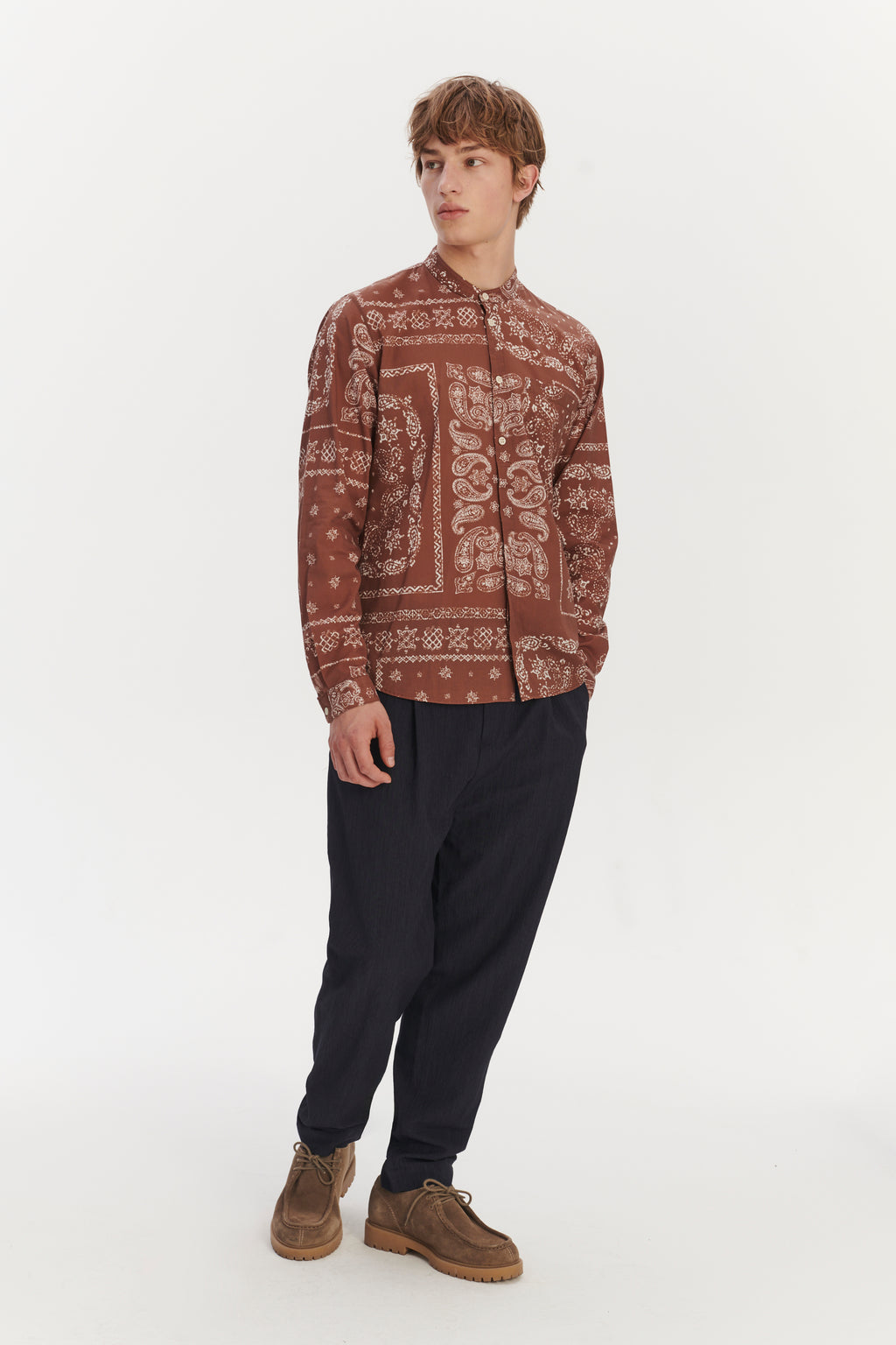 Zen Grandad Collar Shirt in a Rusty Chestnut Airy Bandana Print Italian Cotton