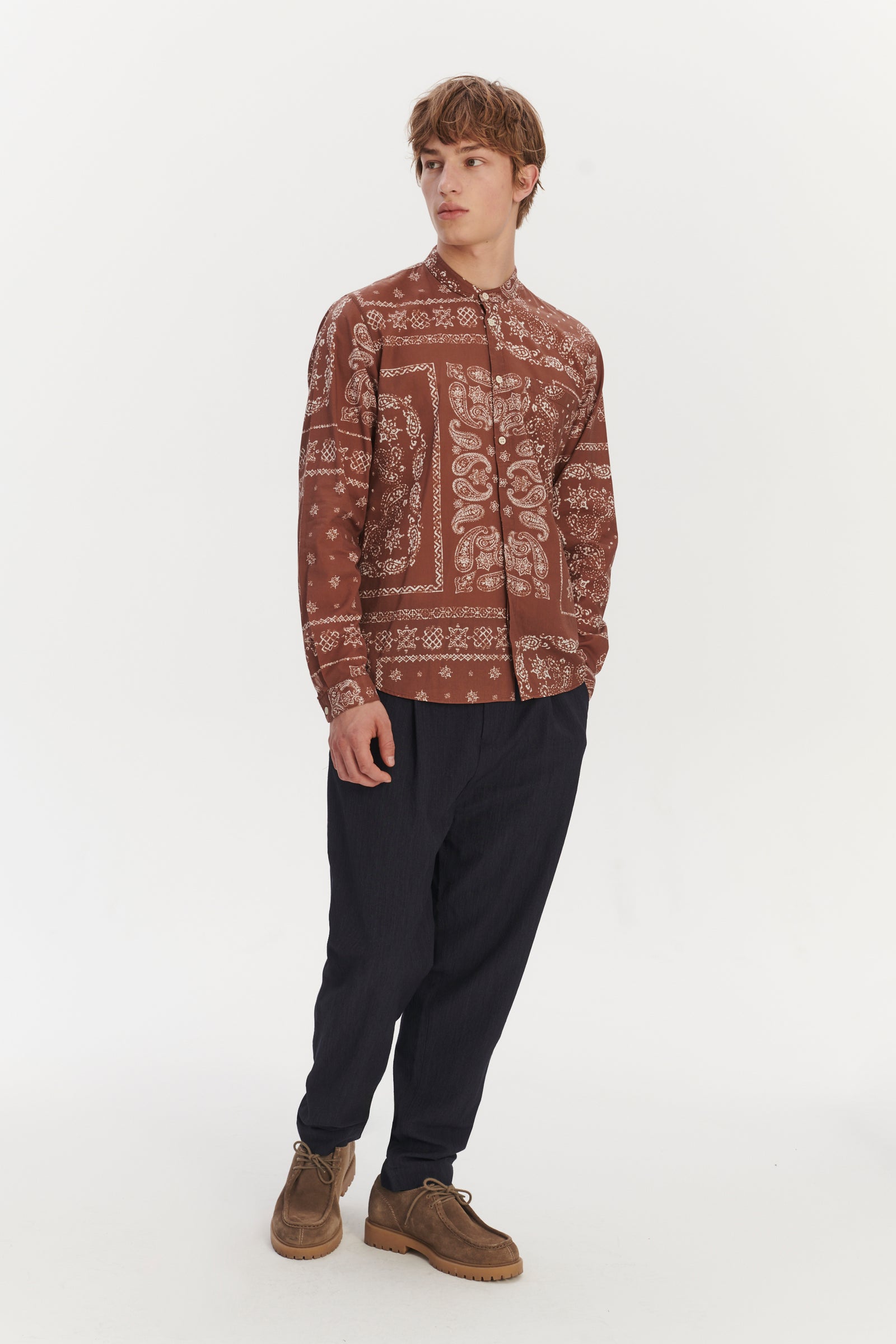 Zen Grandad Collar Shirt in a Rusty Chestnut Airy Bandana Print Italian Cotton