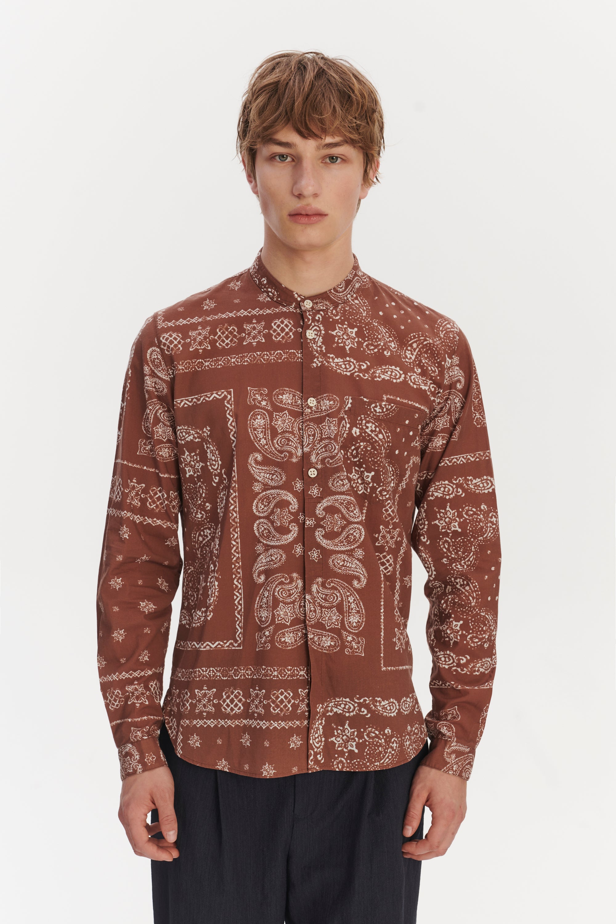 Zen Grandad Collar Shirt in a Rusty Chestnut Airy Bandana Print Italian Cotton