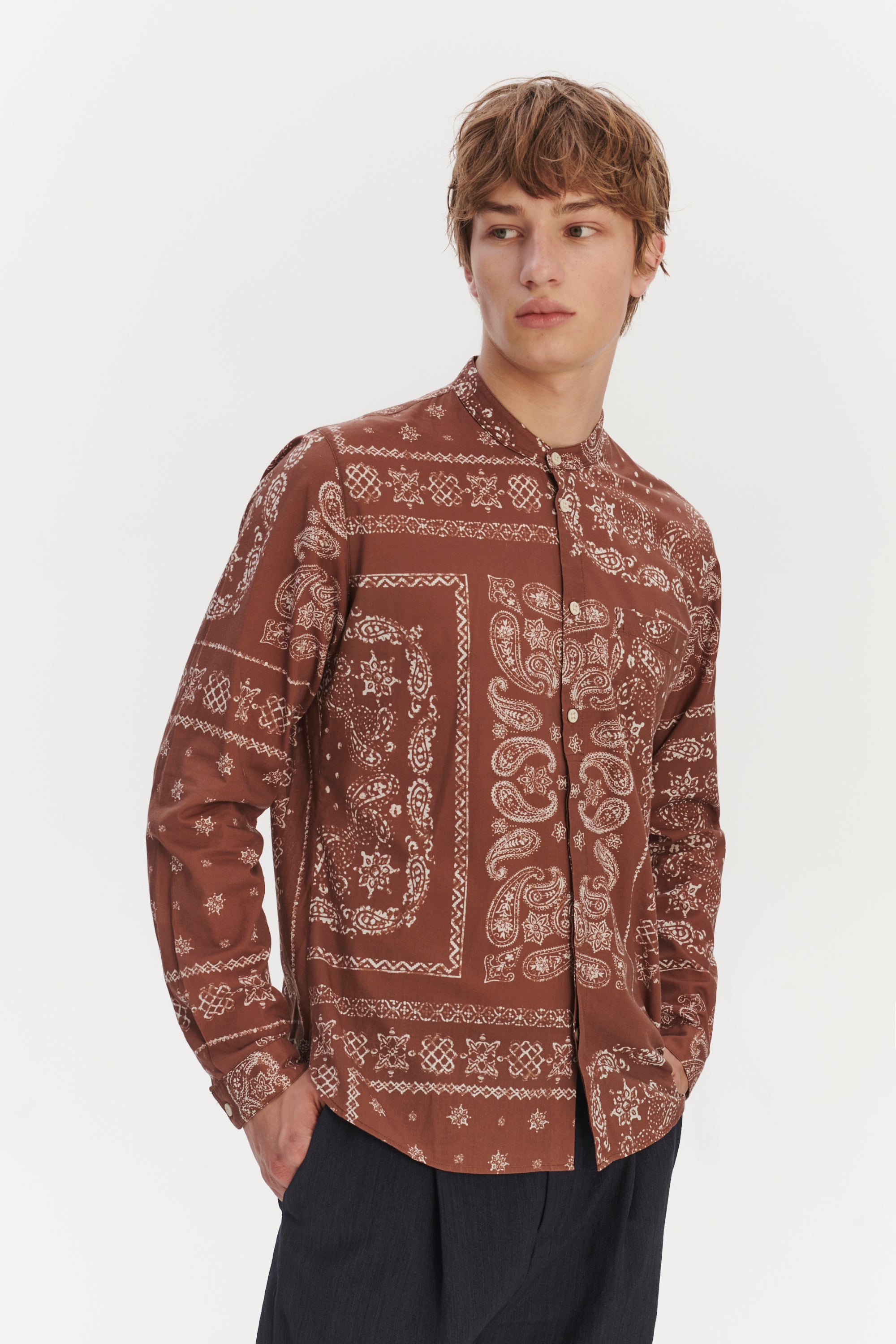 Zen Grandad Collar Shirt in a Rusty Chestnut Airy Bandana Print Italian Cotton