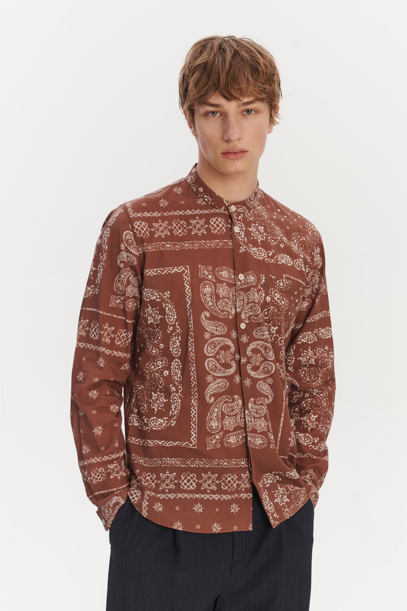 Zen Grandad Collar Shirt in a Rusty Chestnut Airy Bandana Print Italian Cotton